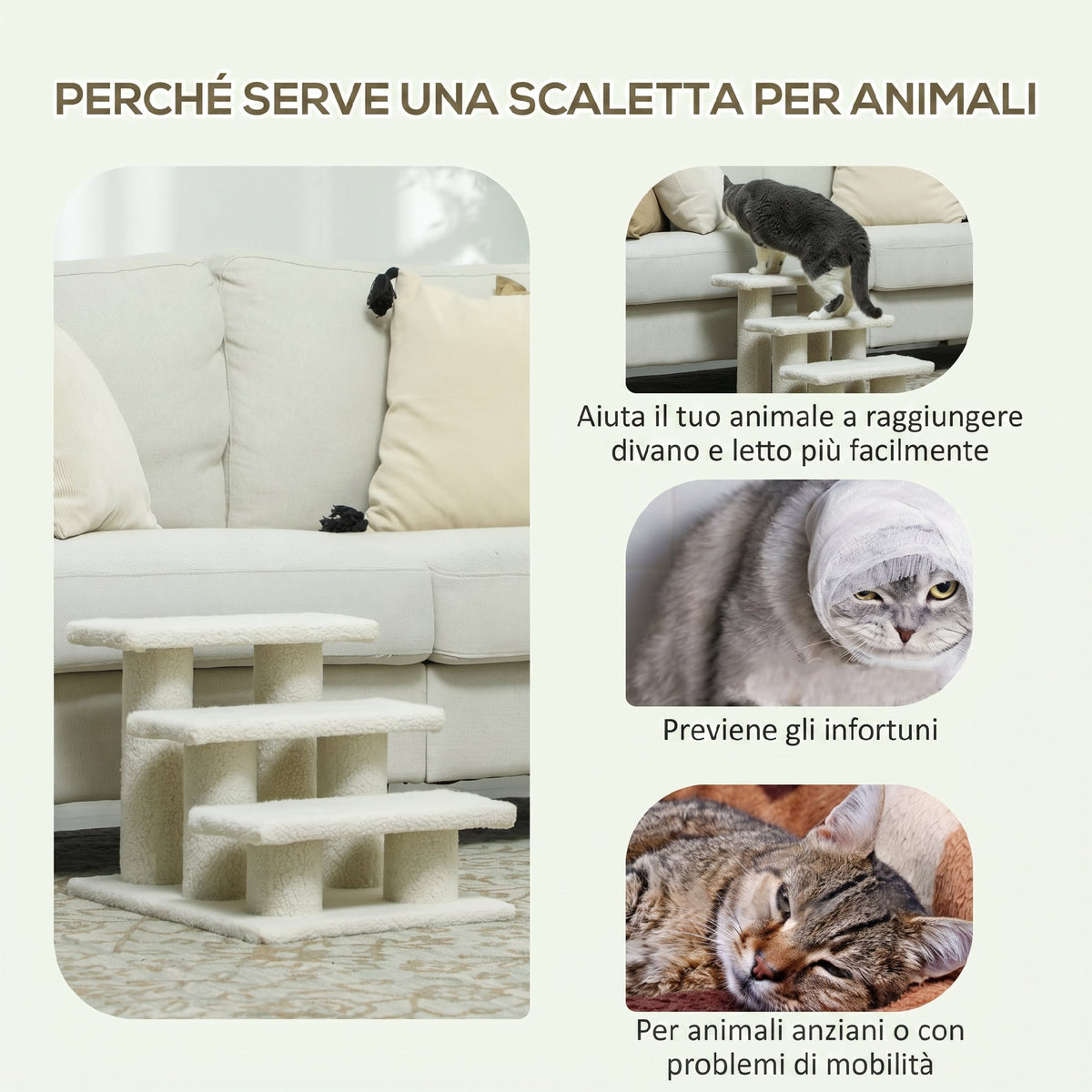 PawHut 3-Step Plush Dog and Cat Ladder, 45x35x34 cm, Beige