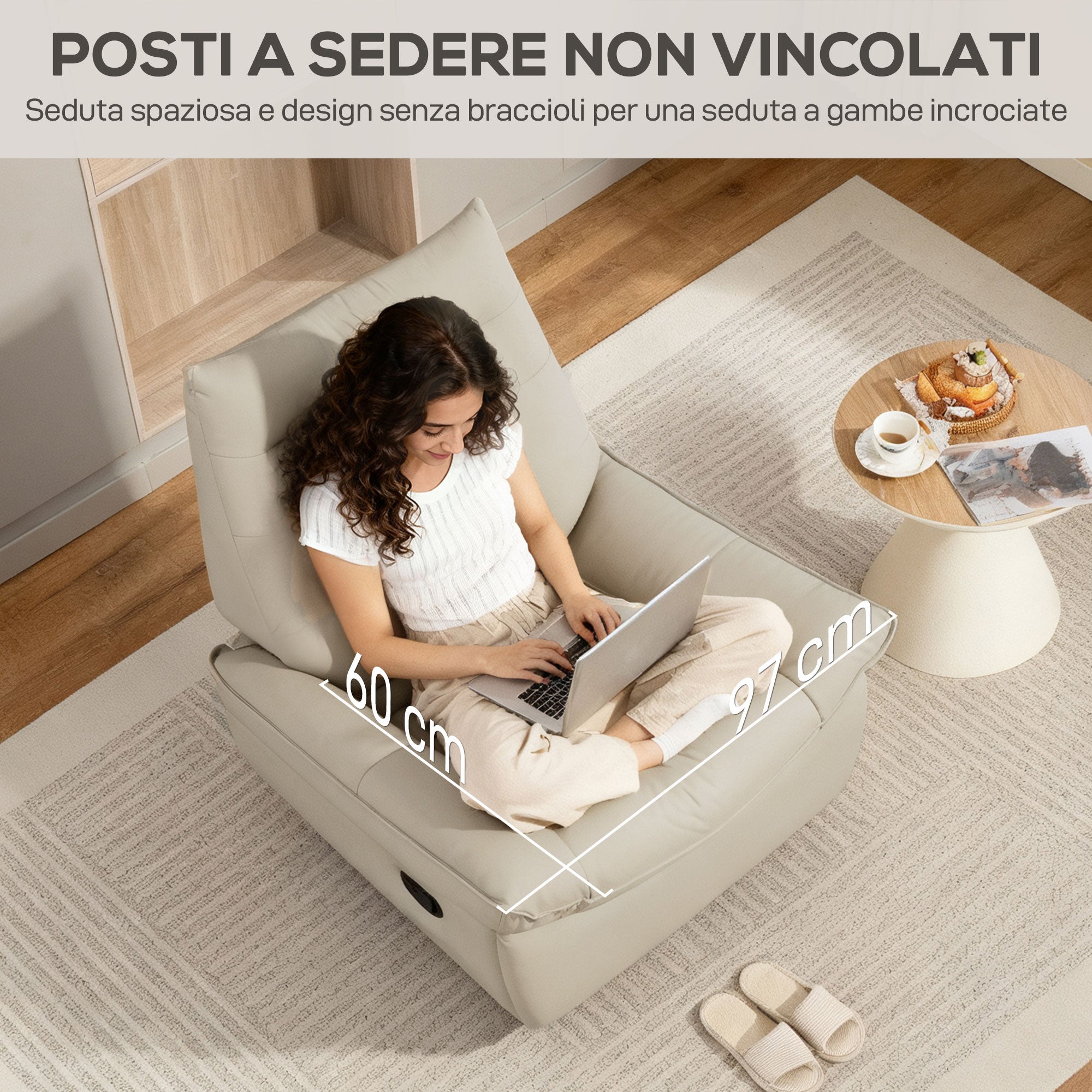 Manually Reclining Relaxing Chair with Footrest and Swivel Base without Armrests, Cream