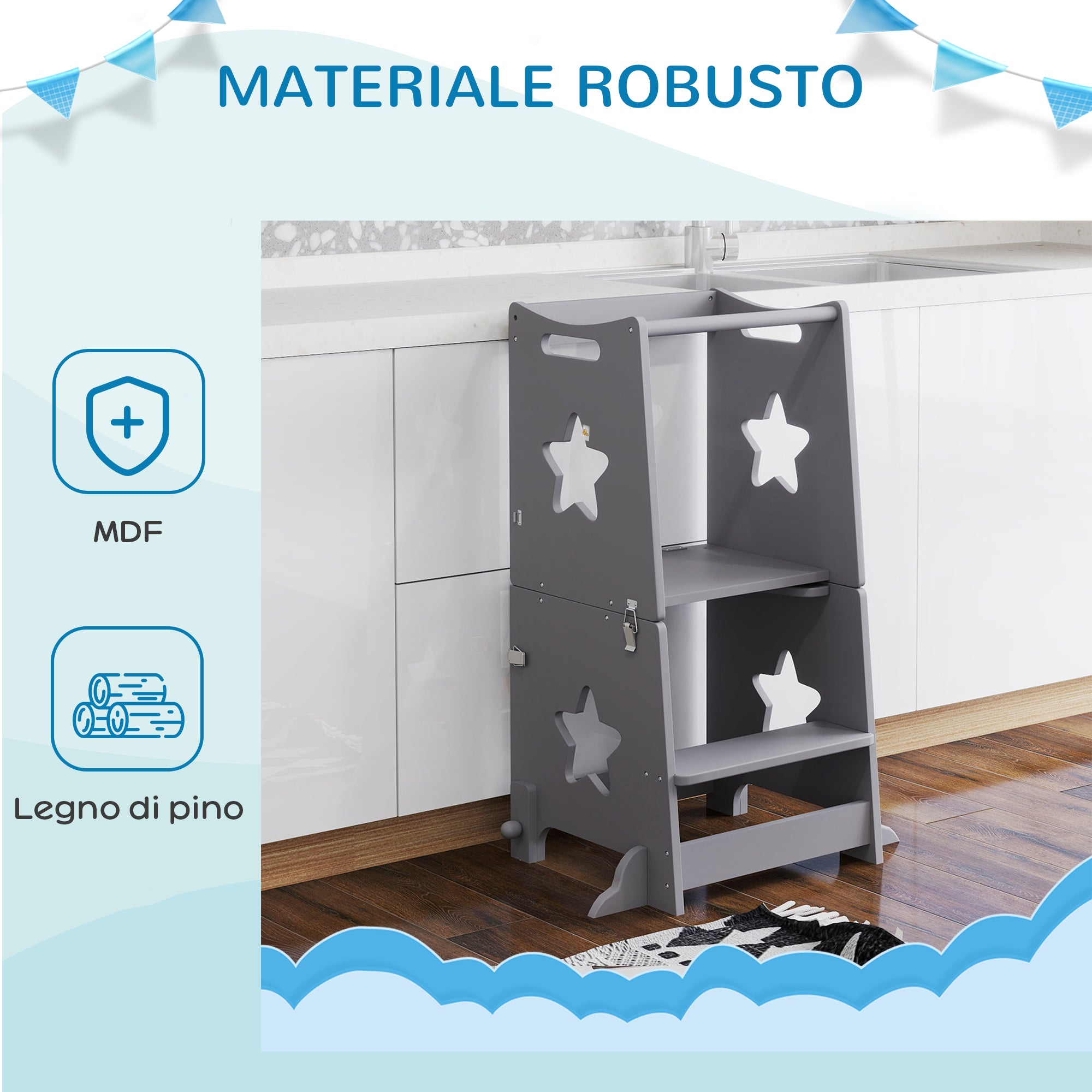 Montessori Ladder Convertible to Table and Chair Set with Safety Bar, Wooden, 60x44.5x86 cm, Grey