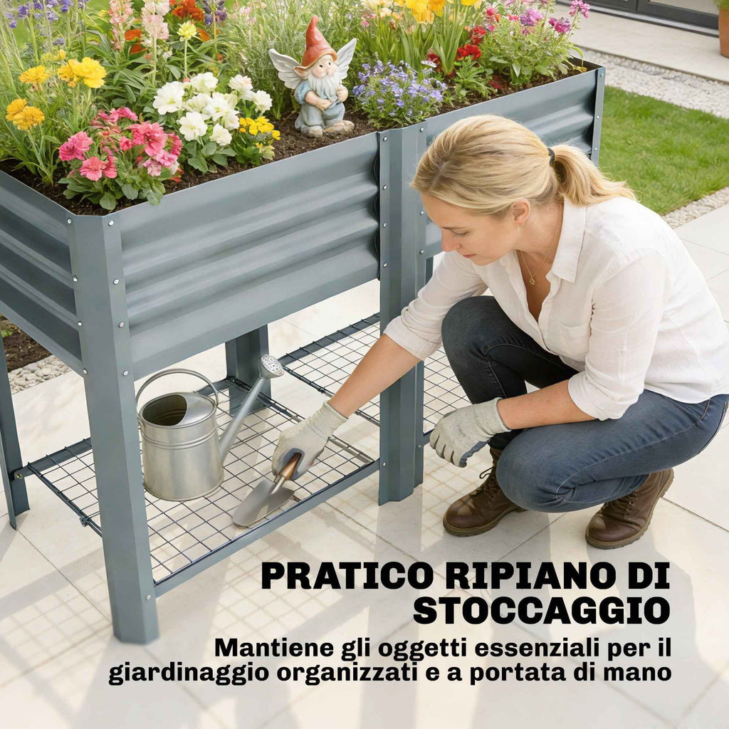 Outsunny Raised Planter with Storage Shelf, 150L, Galvanized Steel, Height 80 cm, for Garden or Outdoor Patio