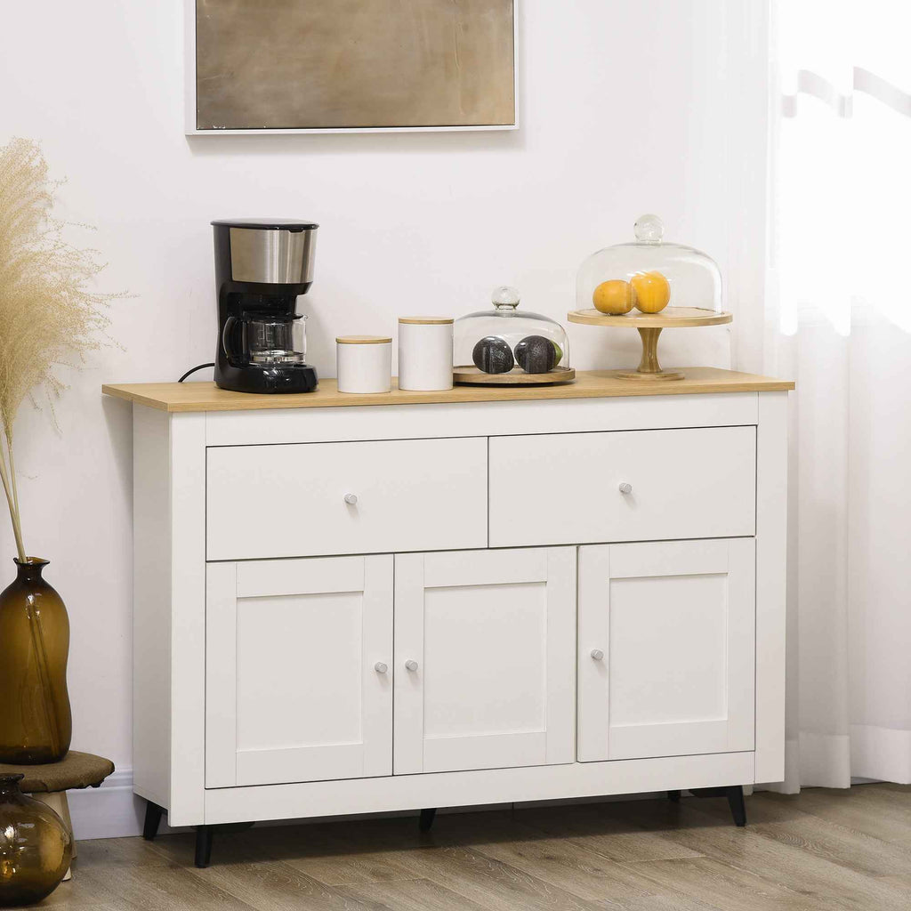 HOMCOM Wooden Buffet Sideboard with 2 Drawers and 2 Cabinets, 117x35x80 cm, White and Wood Color