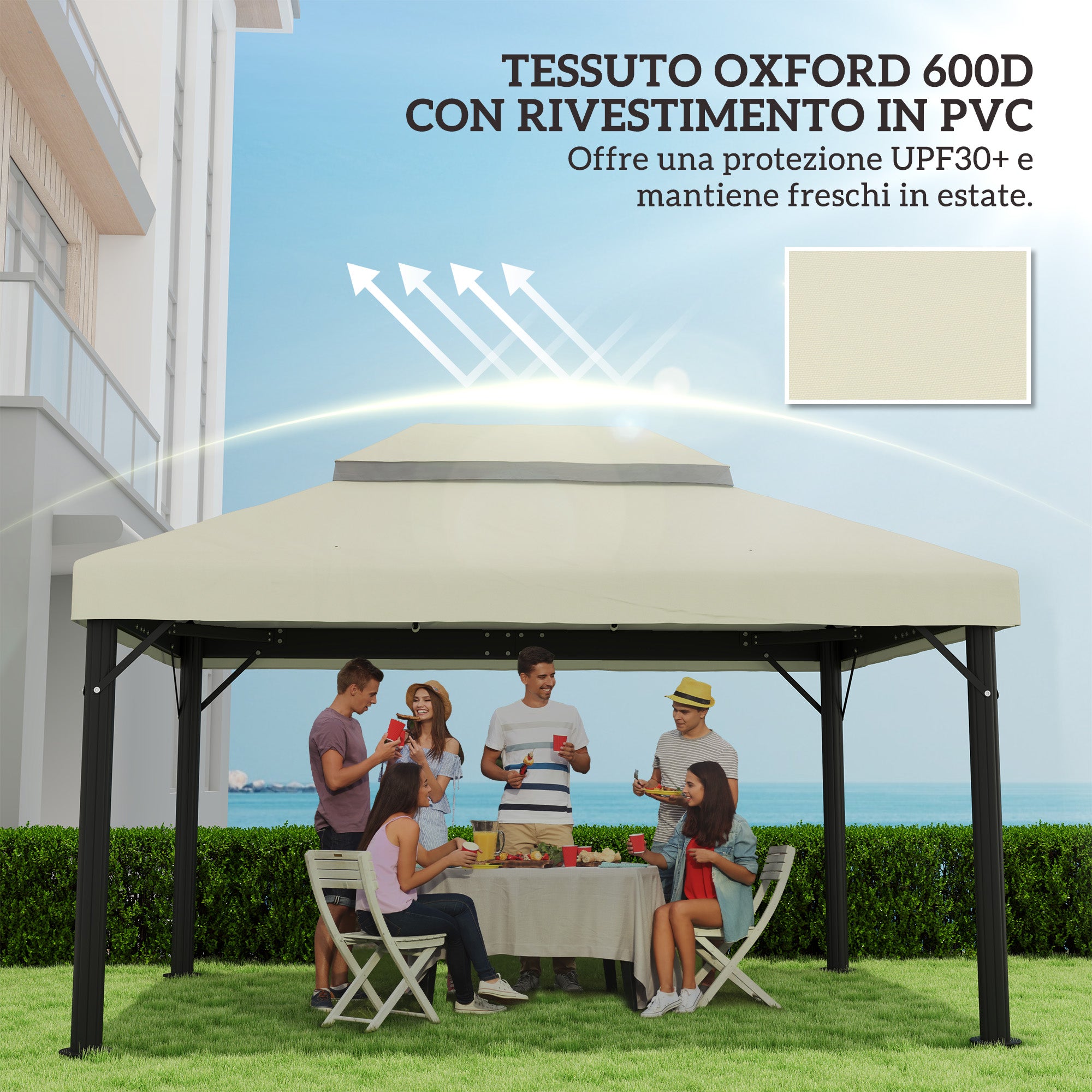3x4m 2 Tier 600D Oxford Fabric Garden Gazebo Cover with Drainage Holes, Cream White