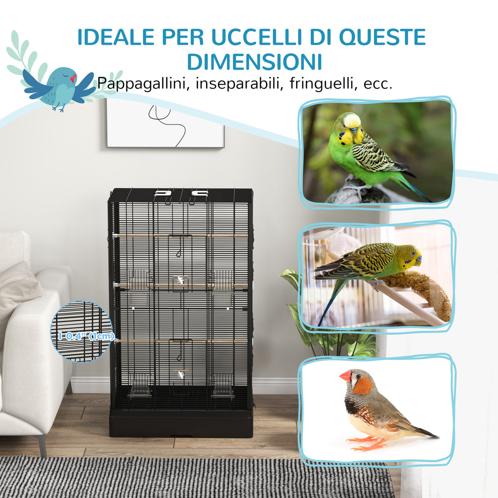 Bird Cage with Removable Tray and Perches, Parrot Aviary, 61x36.5x98cm, Black