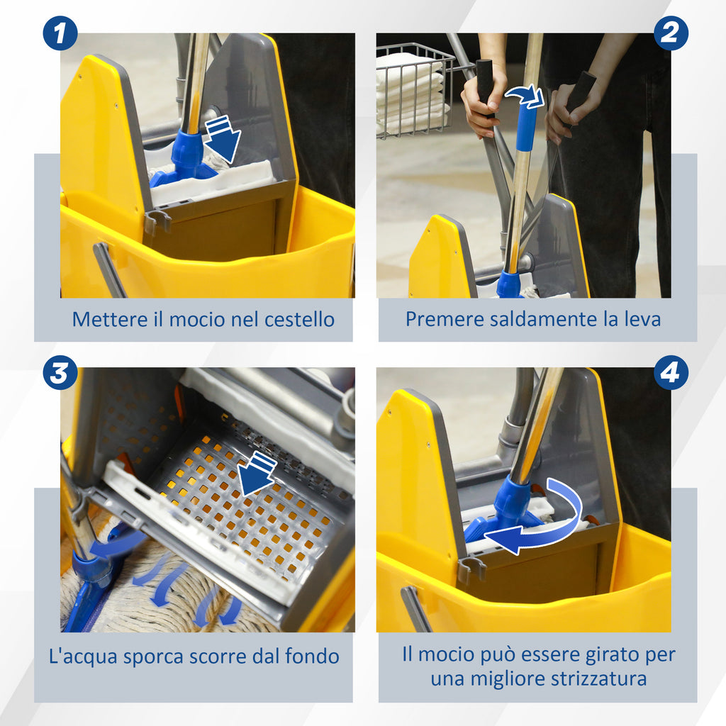 Cleaning Trolley with Wringer, 25L Bucket and Plastic Shelf, in PP and Metal, 72x49.5x95 cm, Blue and Yellow