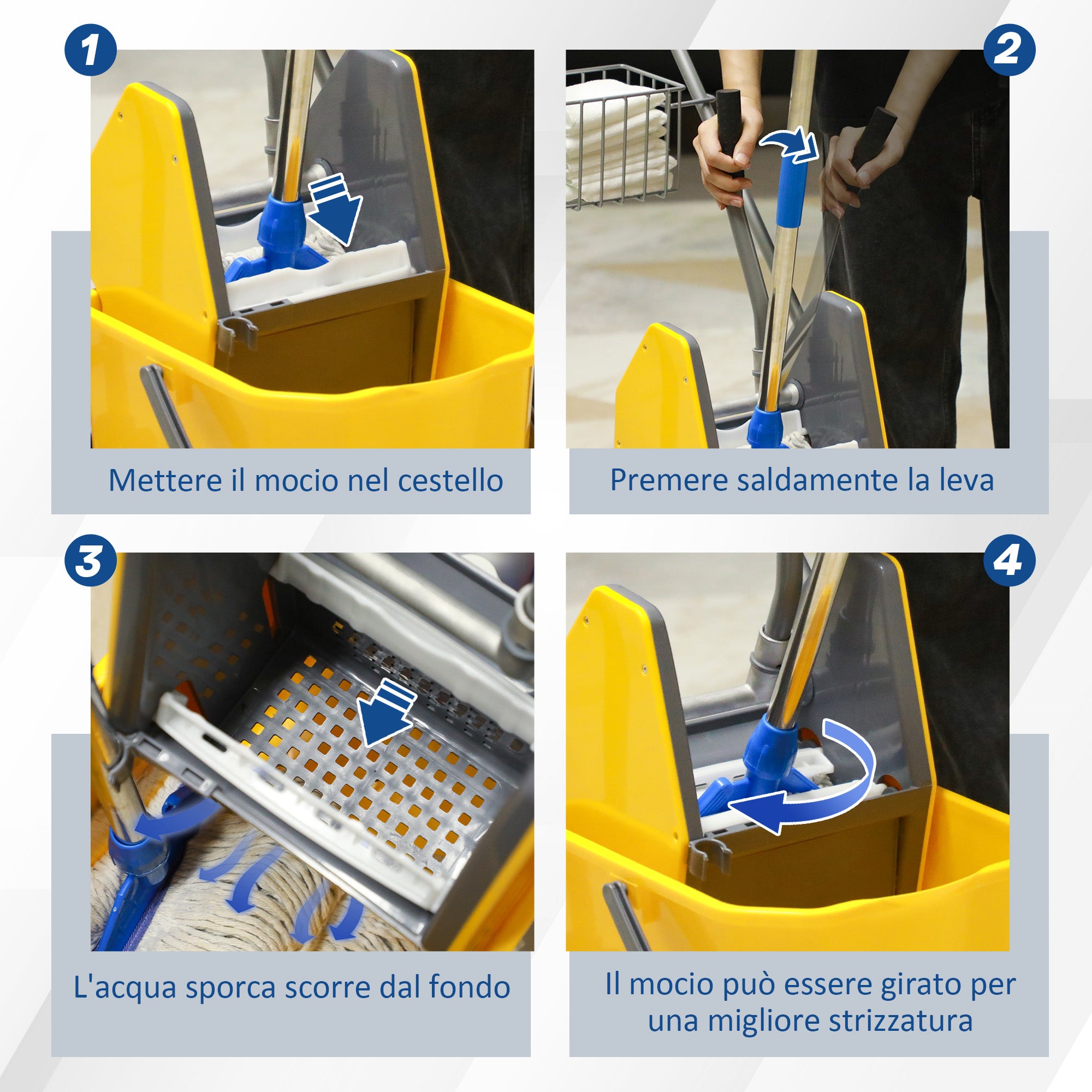 Cleaning Trolley with Wringer, 25L Bucket and Plastic Shelf, in PP and Metal, 72x49.5x95 cm, Blue and Yellow