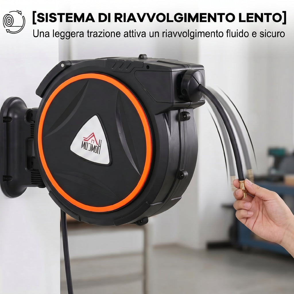 HOMCOM 20m Automatic Retractable Hose Reel, Max 300 Bar, Wall Mounted and 180° Rotatable, Black and Orange
