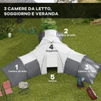 6-Person Waterproof Camping Tent with 3 Sleeping Areas, Living Area and Porch, Oxford Fabric, Grey