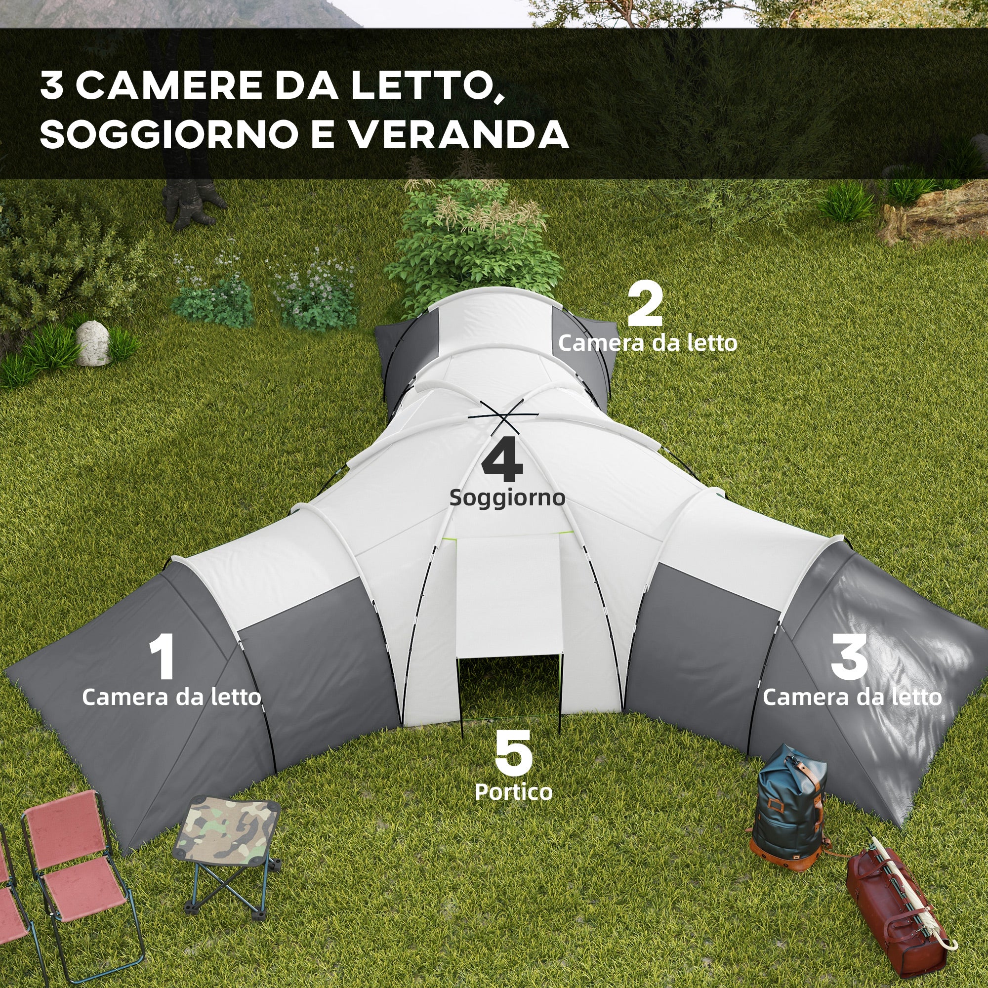 6-Person Waterproof Camping Tent with 3 Sleeping Areas, Living Area and Porch, Oxford Fabric, Grey