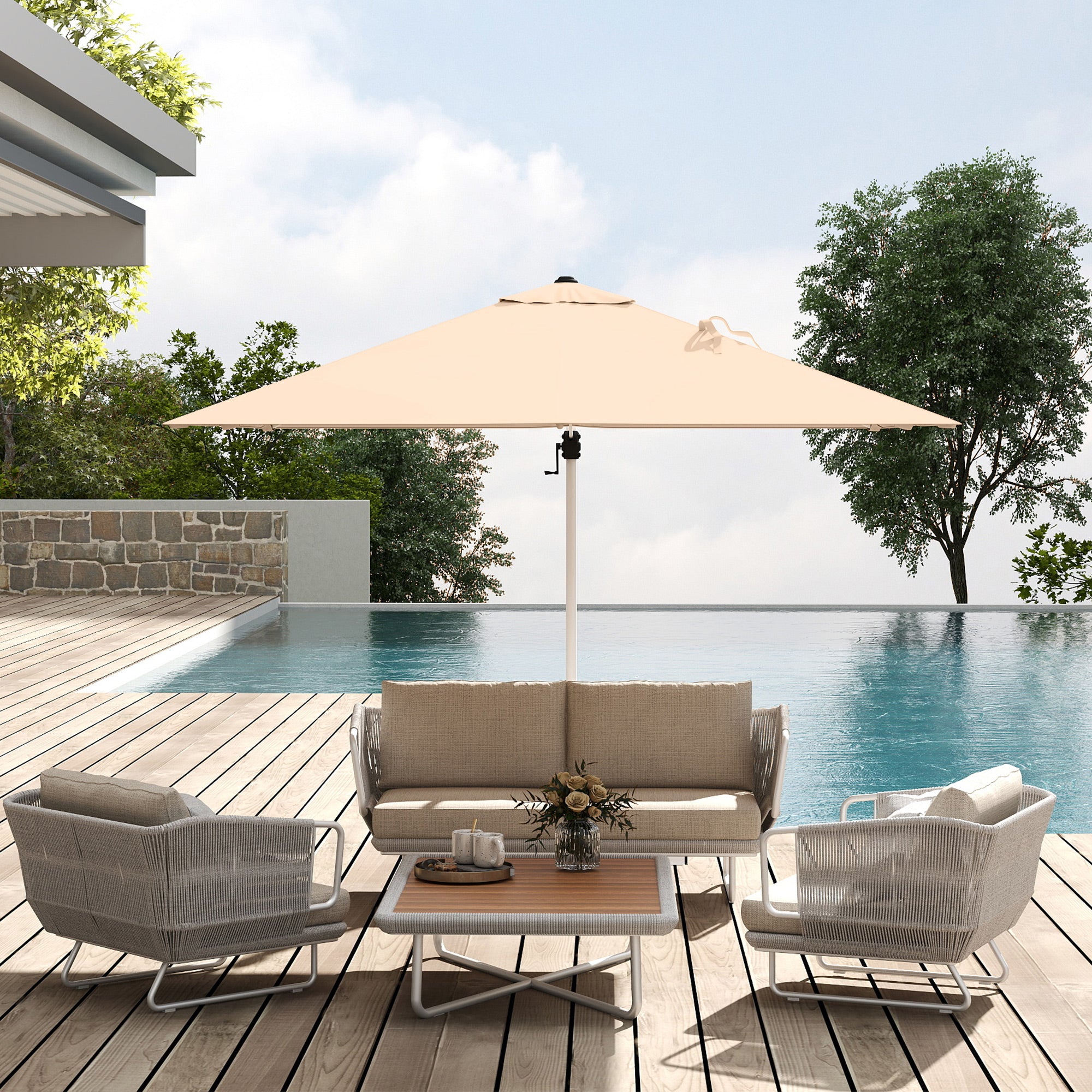 Tilting Arm Umbrella with Cross Base, in Polyester, Aluminum and Metal, 295x295x260 cm, Khaki