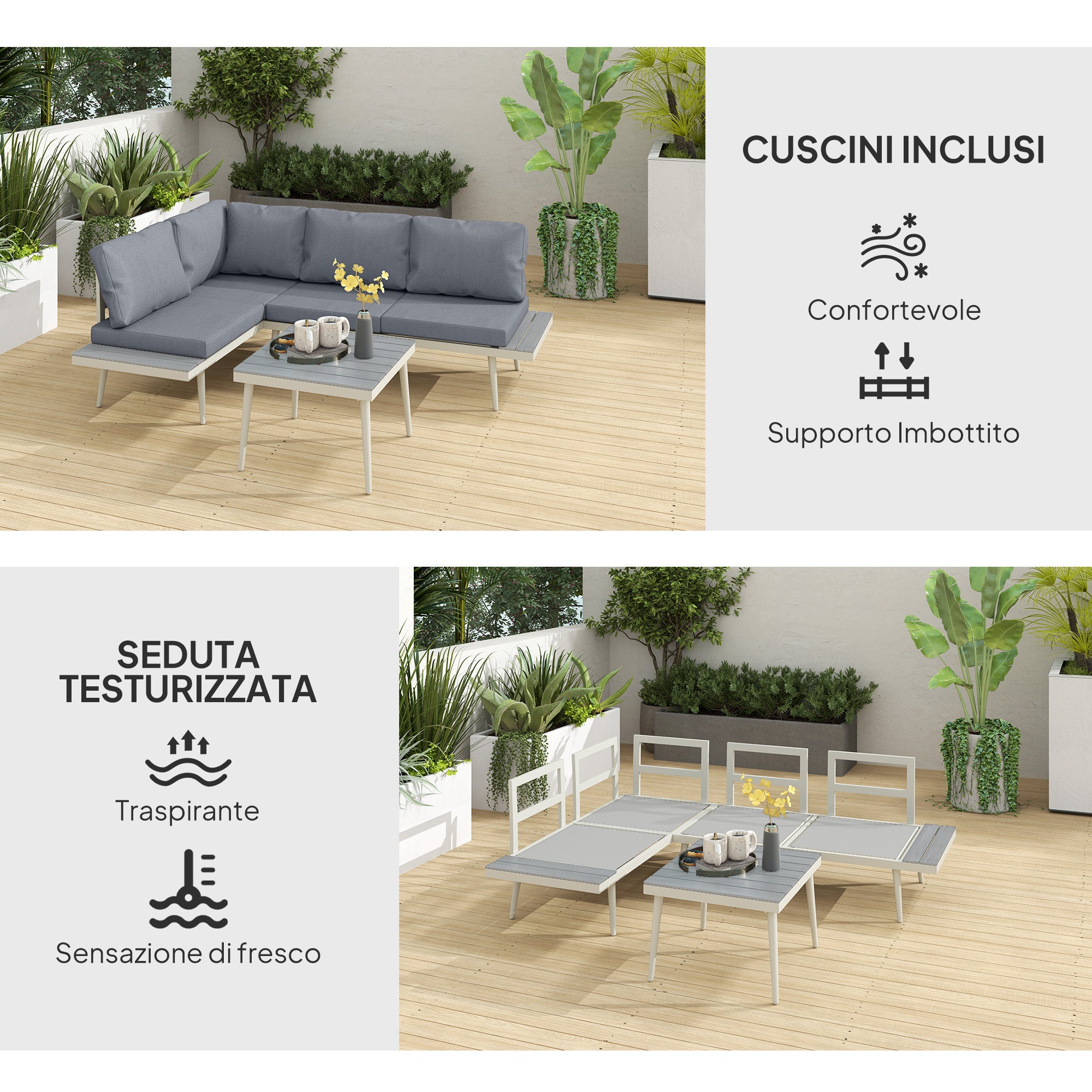 Garden Lounge with 2 Sofas with Cushions, 5-Level Adjustable Backrest and Slatted Coffee Table, Gray