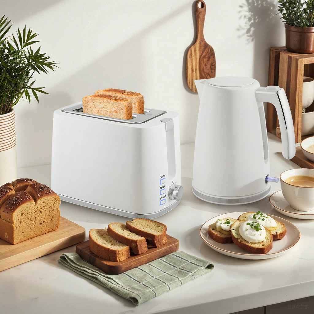 1.7L 2200W Electric Kettle with Thermostat and Double Toaster with 7 Browning Levels, White