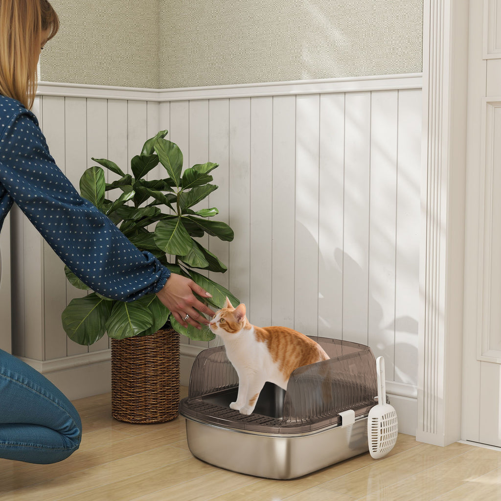PawHut Extra Large Cat Litter Box with Stainless Steel Tray, Scoop, High Edges, Up to 15 kg, Charcoal Grey