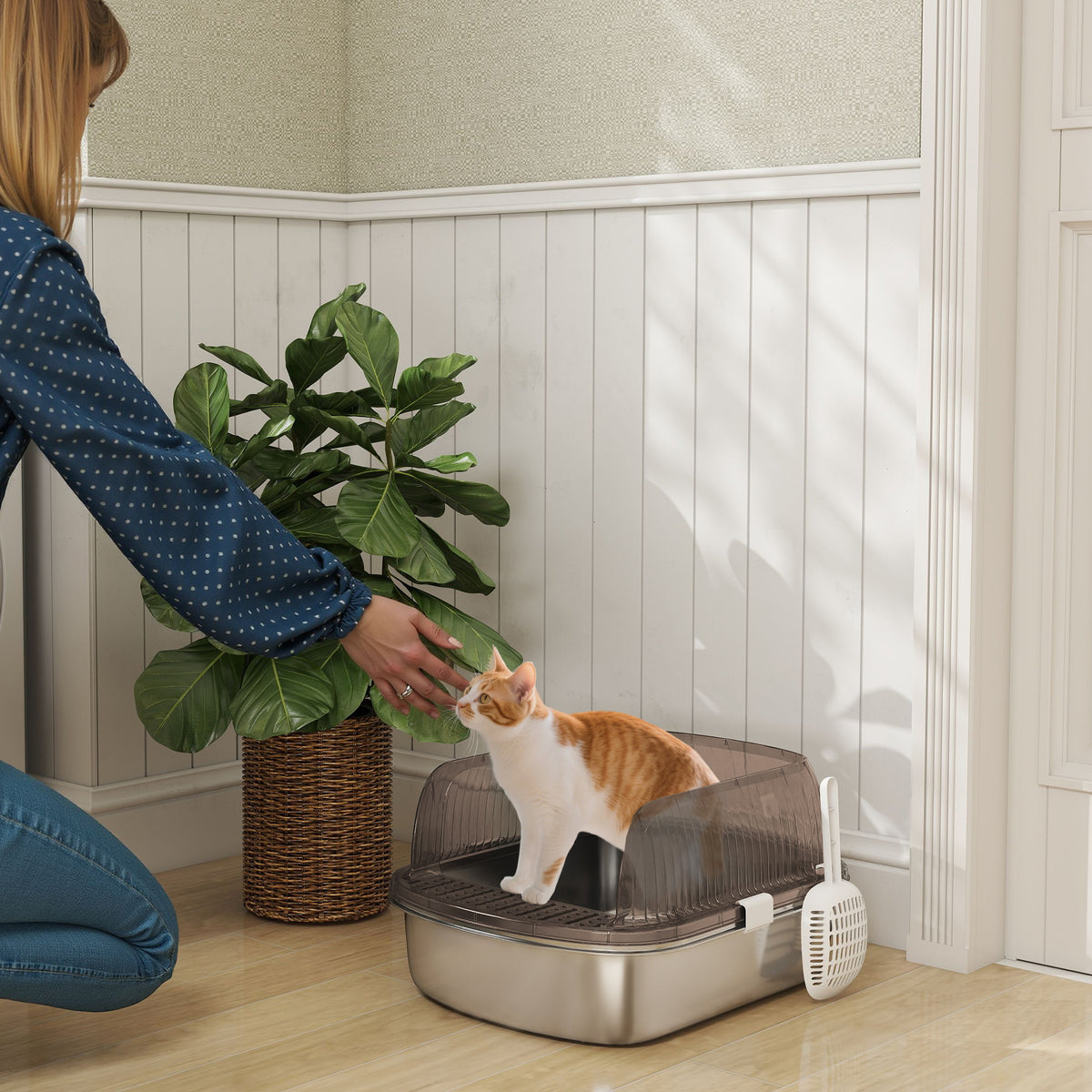 PawHut Extra Large Cat Litter Box with Stainless Steel Tray, Scoop, High Edges, Up to 15 kg, Charcoal Grey