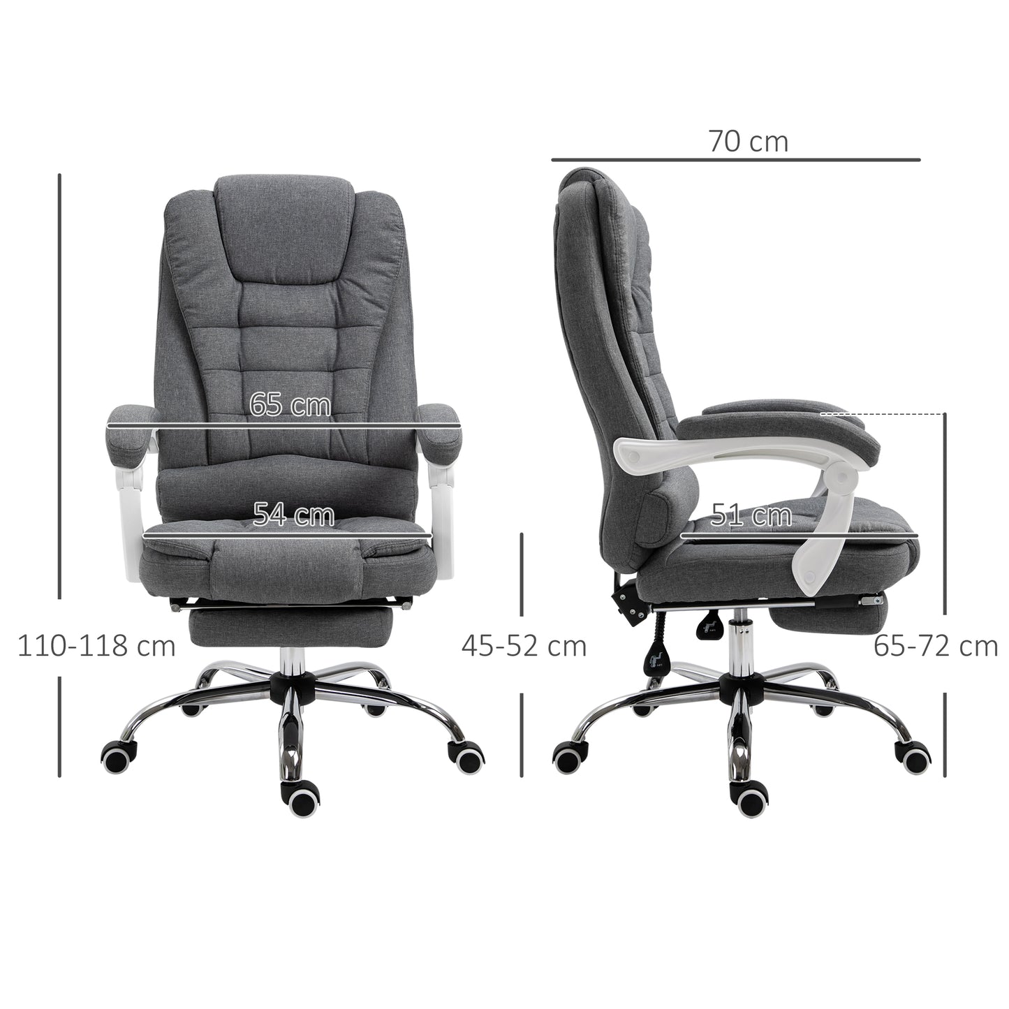 Vinsetto Reclining Office Chair with Retractable Footrest and High Backrest in Fabric, Gray