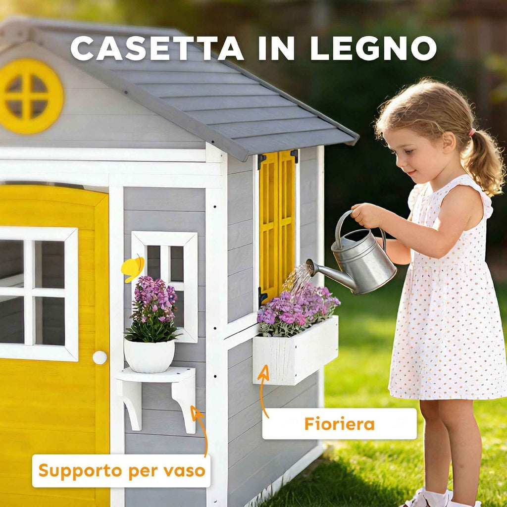 Outsunny Wooden Garden Playhouse for Children Ages 3-8 with Windows, Sloped Roof, Pots and Planters, Grey