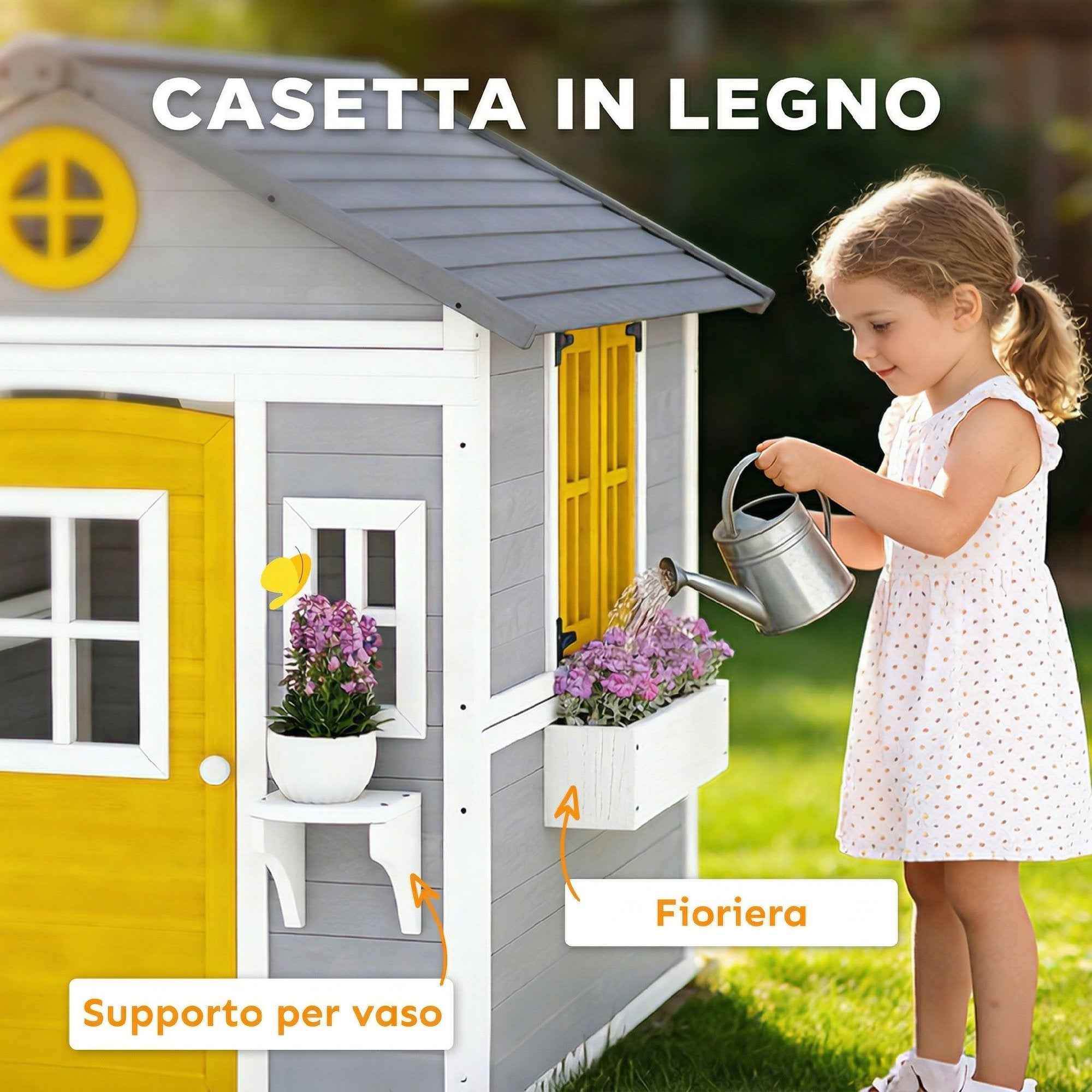 Outsunny Wooden Garden Playhouse for Children Ages 3-8 with Windows, Sloped Roof, Pots and Planters, Grey