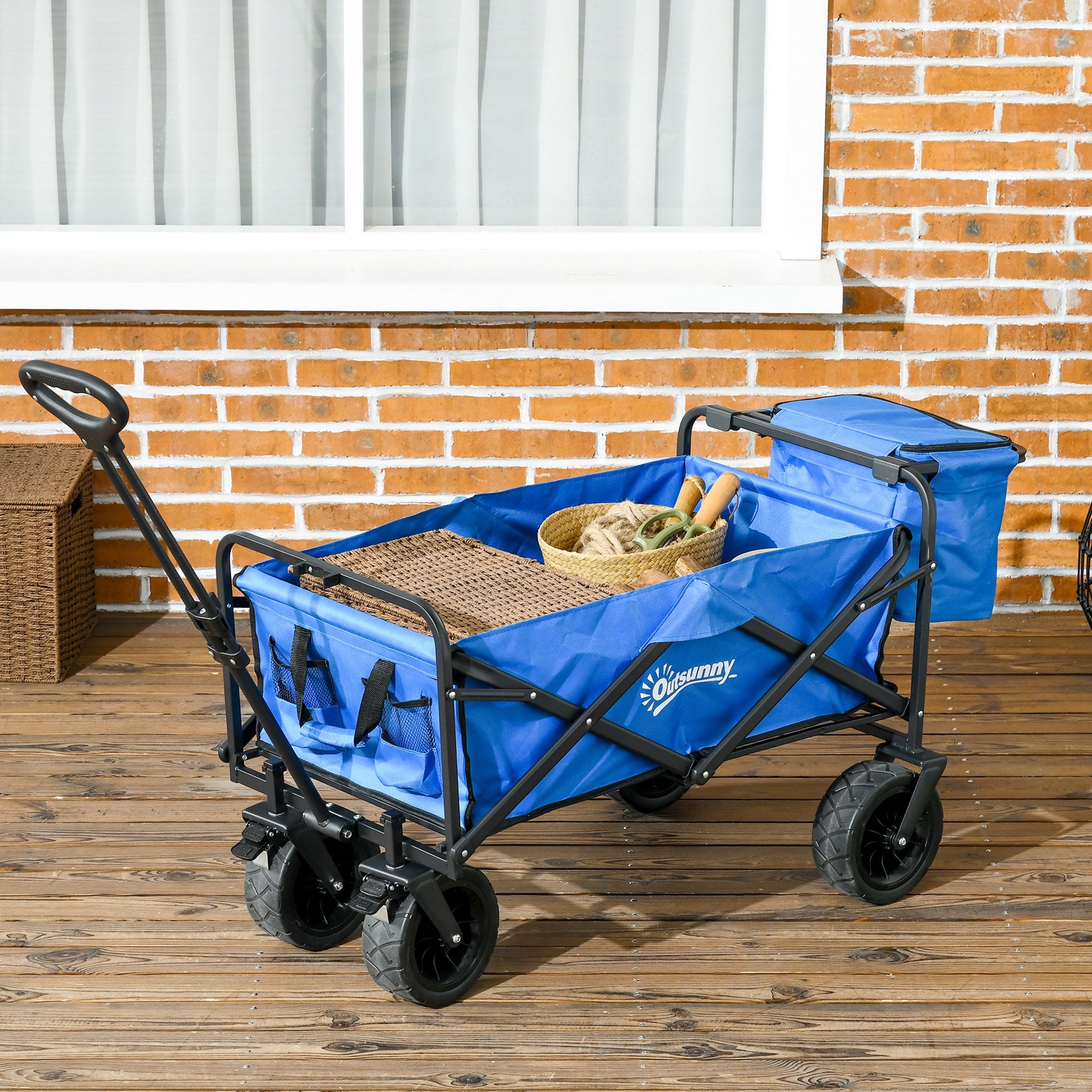 Outsunny garden trolley 110L with telescopic handle and 15l thermal bag in steel and fabric, blue - Borgè