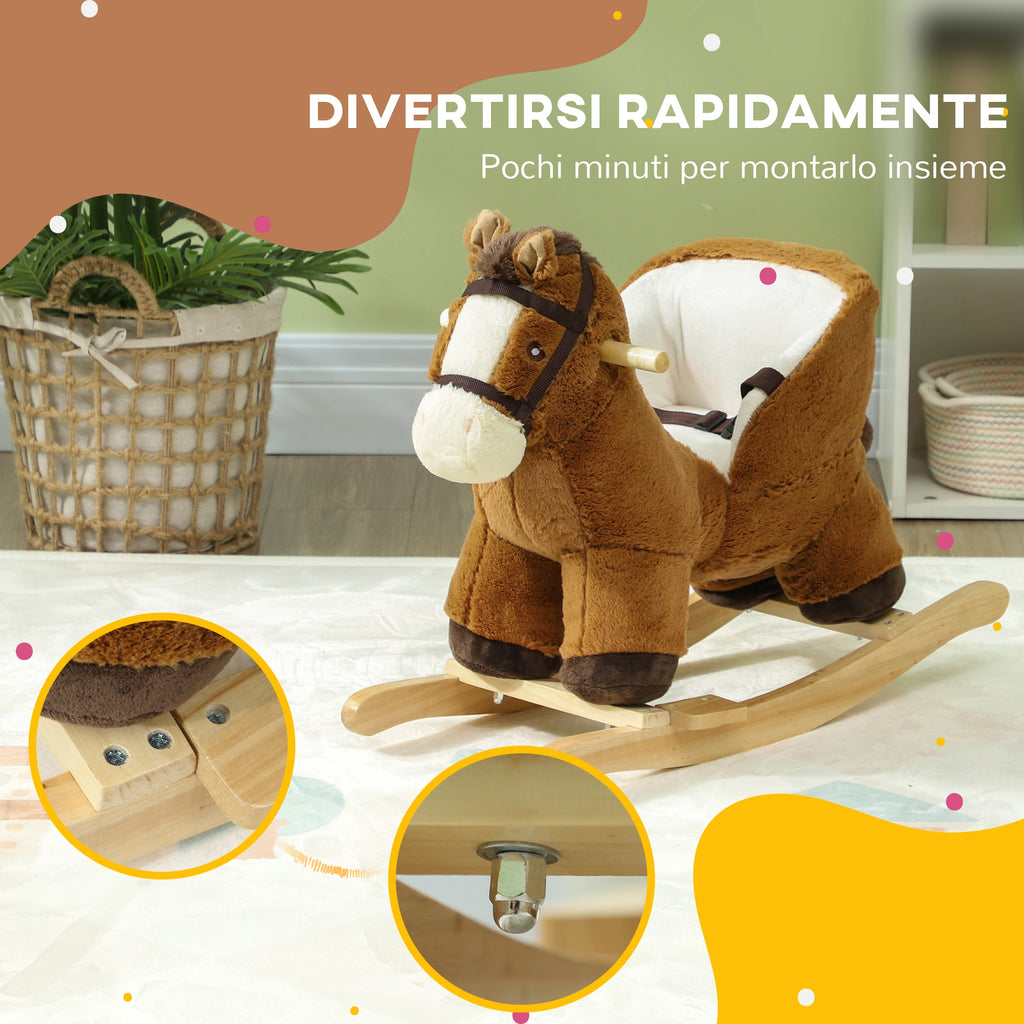 Rocking Horse for Babies 18-36 Months with Sounds, Wooden Base and Safety Belt, Brown