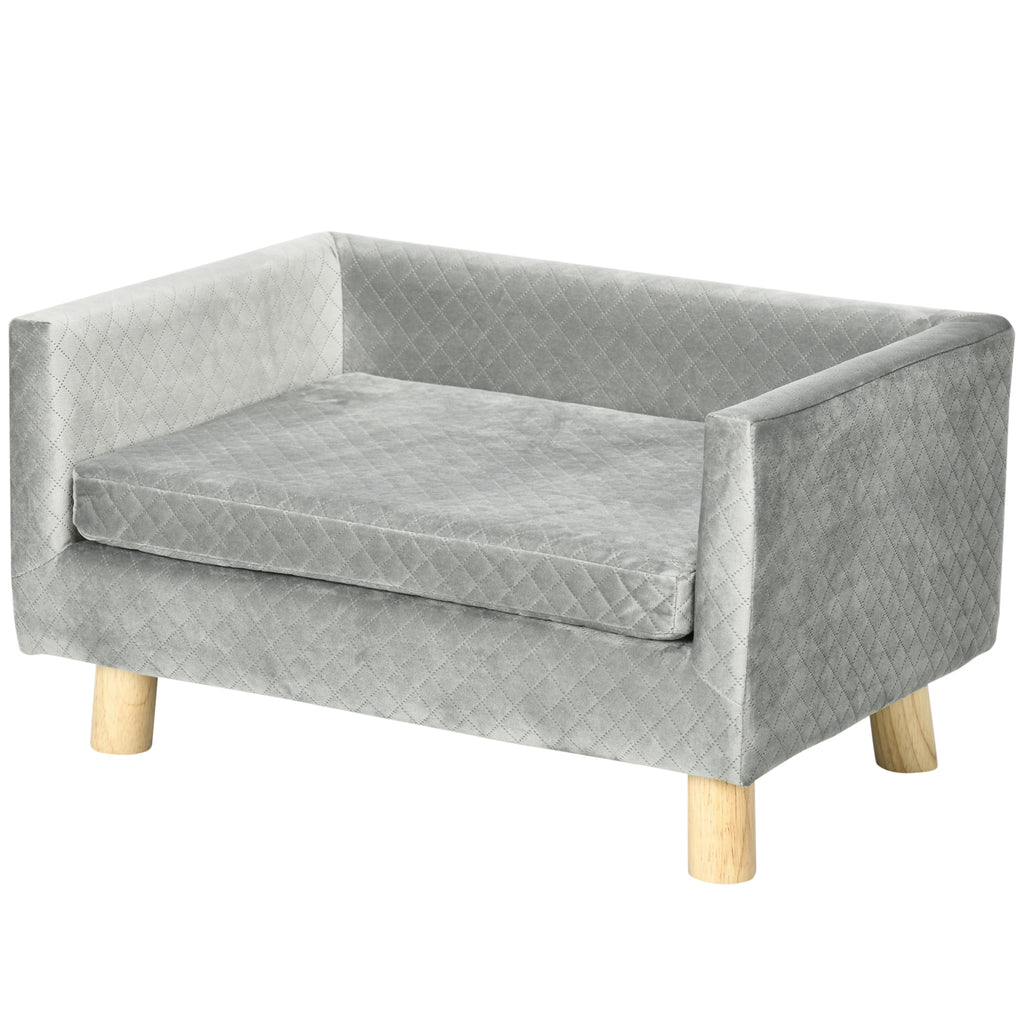 Scandinavian Style Dog and Cat Sofa with Upholstered Velvet and Wood Cushion, 64x45x36cm, Grey