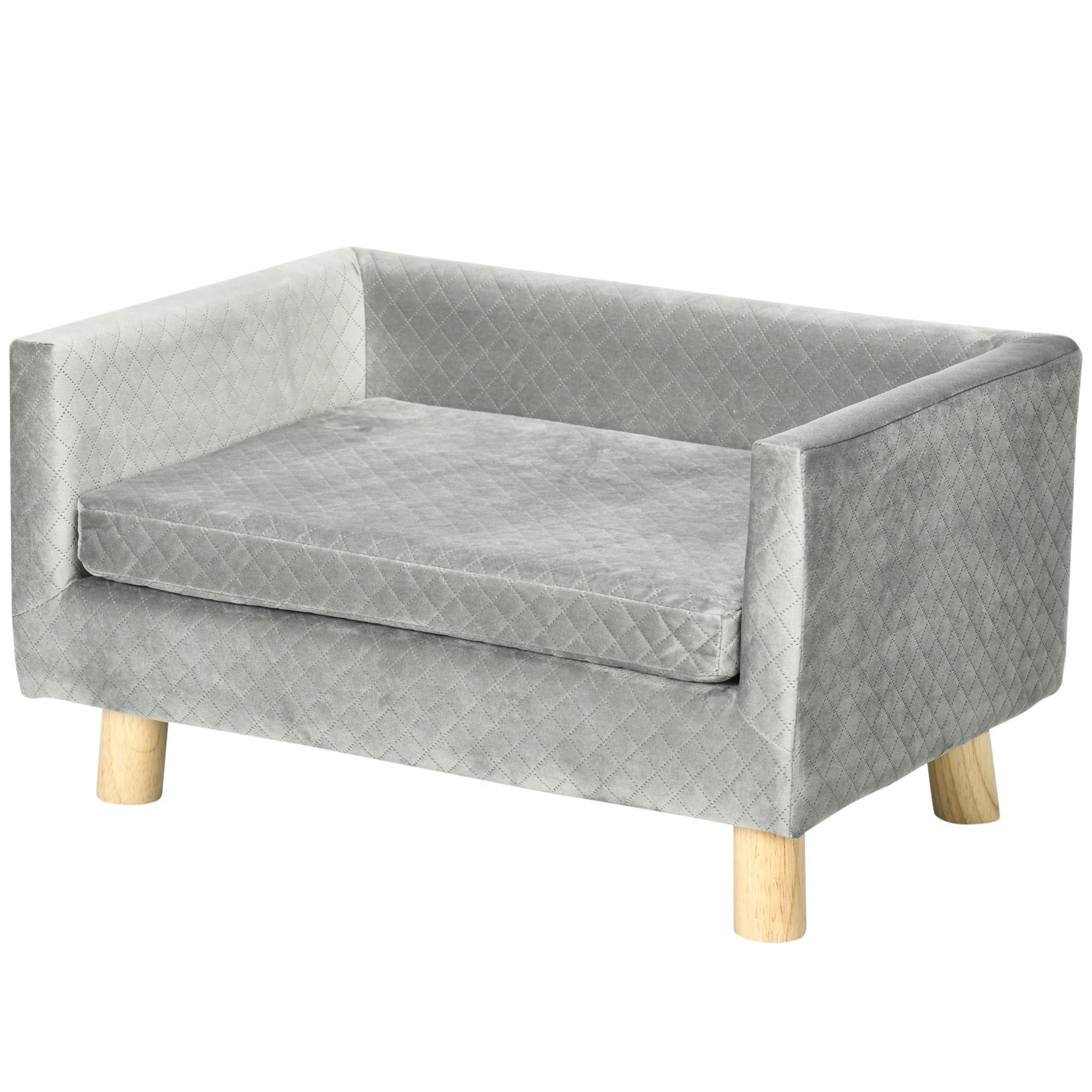 Scandinavian Style Dog and Cat Sofa with Upholstered Velvet and Wood Cushion, 64x45x36cm, Grey