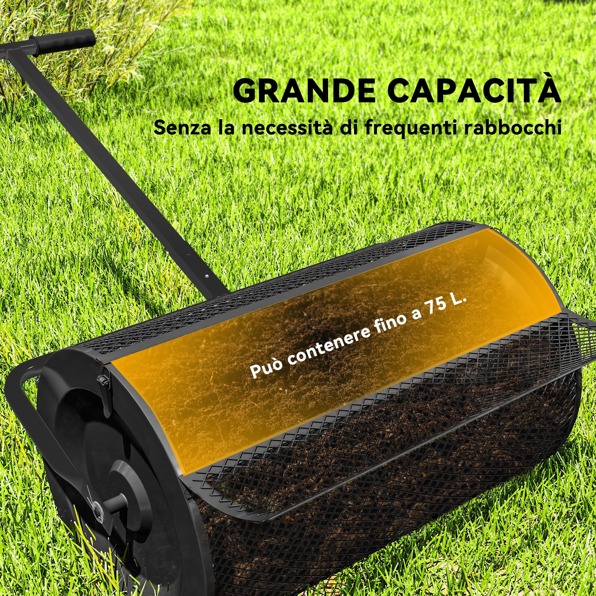 75L Metal Fertilizer Spreader with Adjustable T-Handle and Padded Handle, 70x40x112 cm, Black