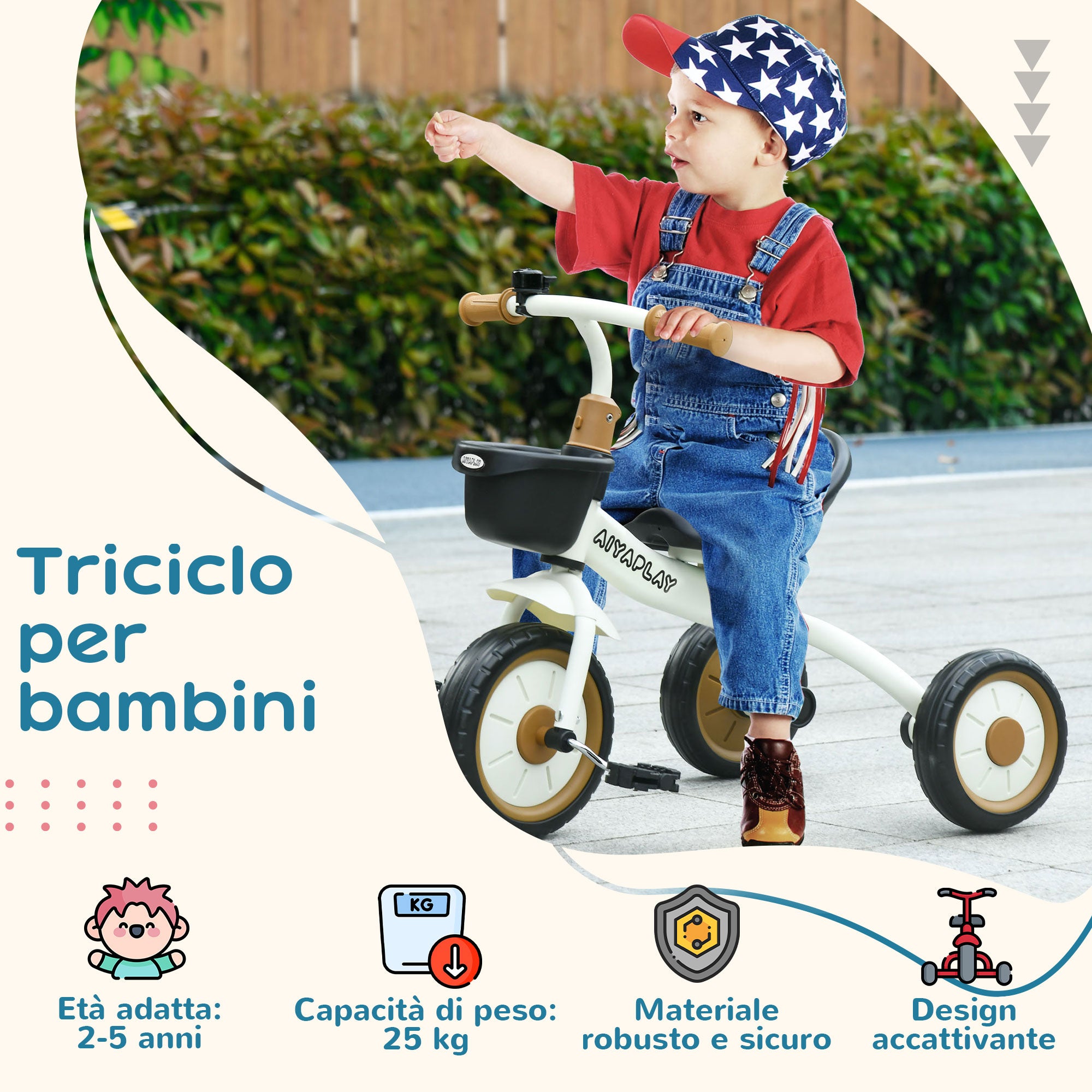 Children's Tricycle for 2-5 Years with Adjustable Seat and Bell, 70.5x50x58cm, White