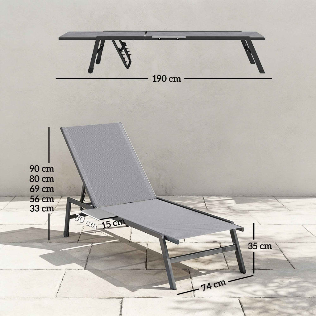 Outsunny Set of 2 Sun Loungers Adjustable in 5 Positions with Side Table and 2 Wheels, in Metal and Polyester, Grey