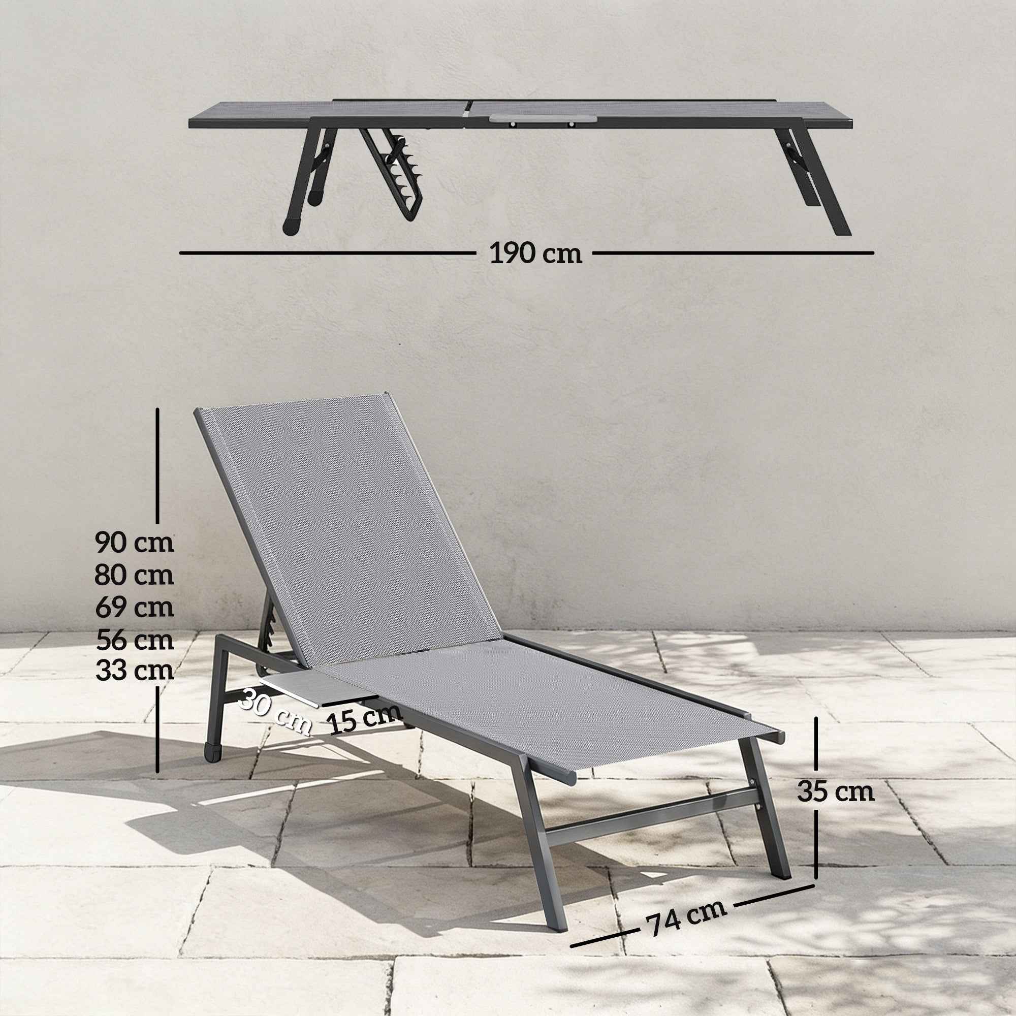 Outsunny Set of 2 Sun Loungers Adjustable in 5 Positions with Side Table and 2 Wheels, in Metal and Polyester, Grey