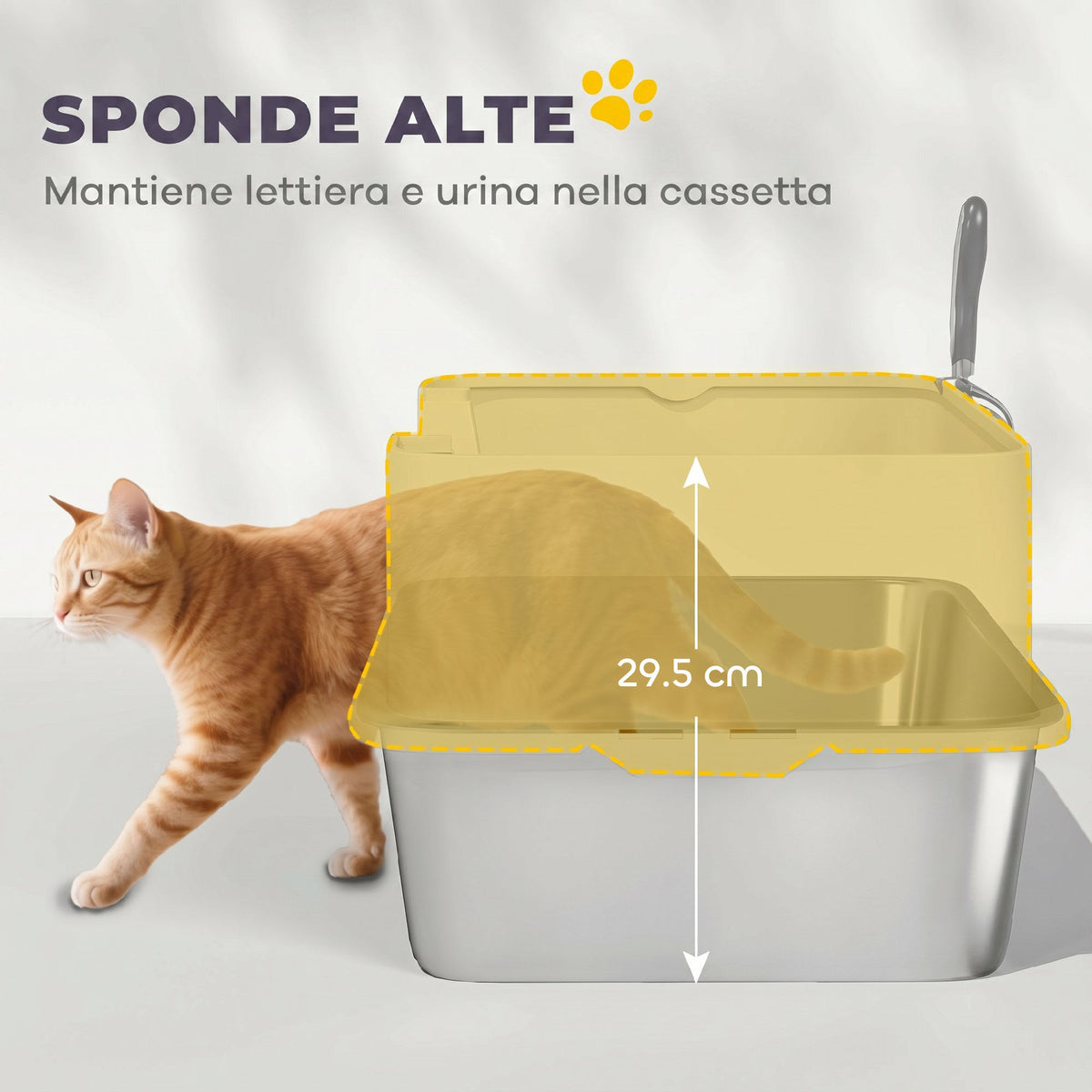 PawHut XL Stainless Steel Cat Litter Box with Scoop, High Sides, Leak-Proof, Odor-Resistant, Up to 7 kg, Grey