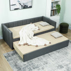 HOMCOM Single Bed with Pull-Out Second Bed, Fabric Upholstery and Armrests, 205x181x70 cm, Dark Grey