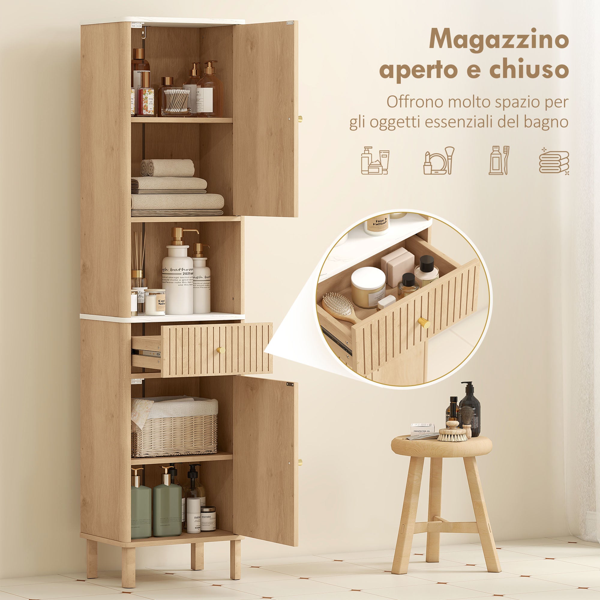 Bathroom Cabinet with Drawer, 2 Cabinets and Adjustable Shelves, Marble Effect Shelf, 41.5x30x168 cm, Oak