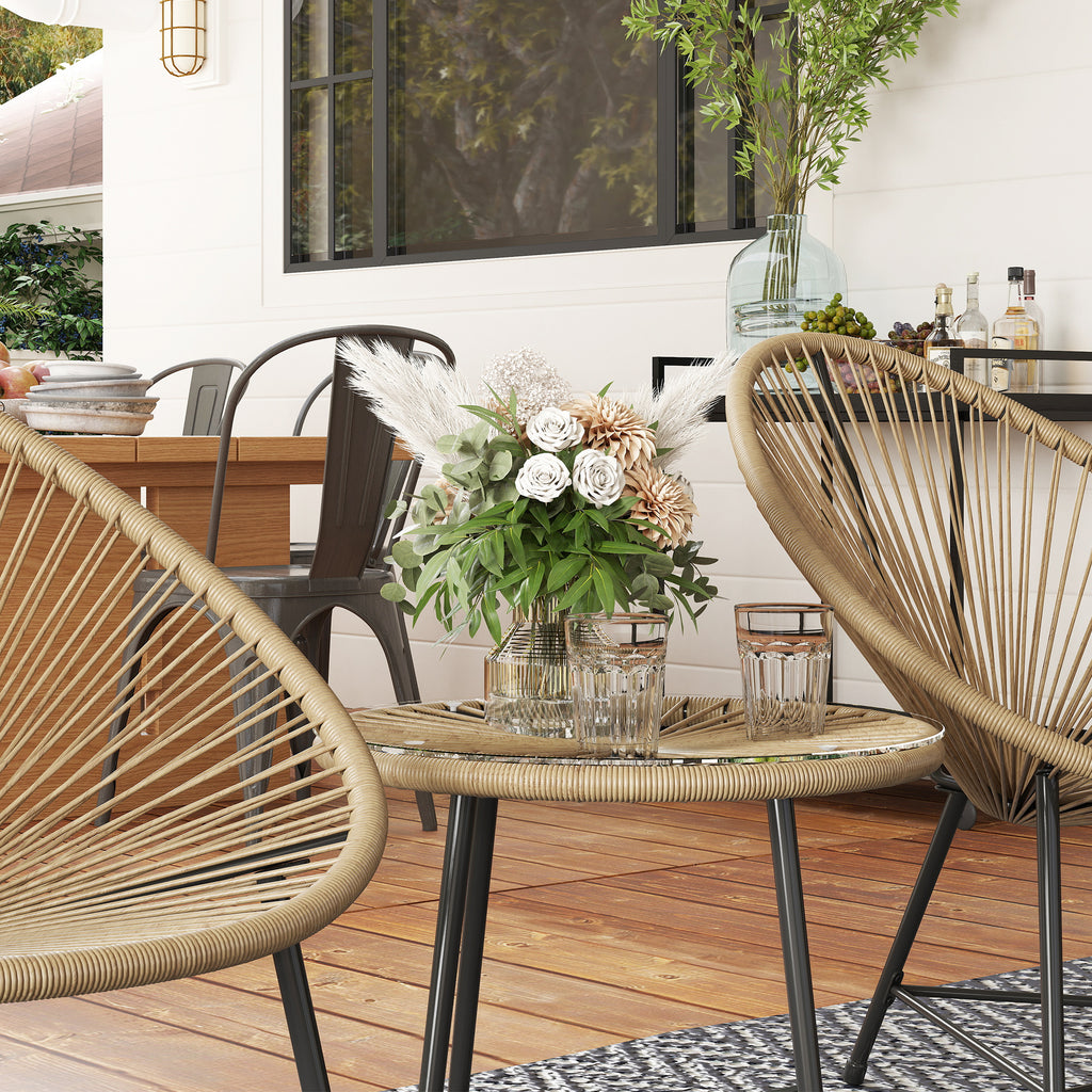 3 Piece PE Rattan and Steel Garden Set with 2 Oval Chairs and Coffee Table, Black and Wood Color