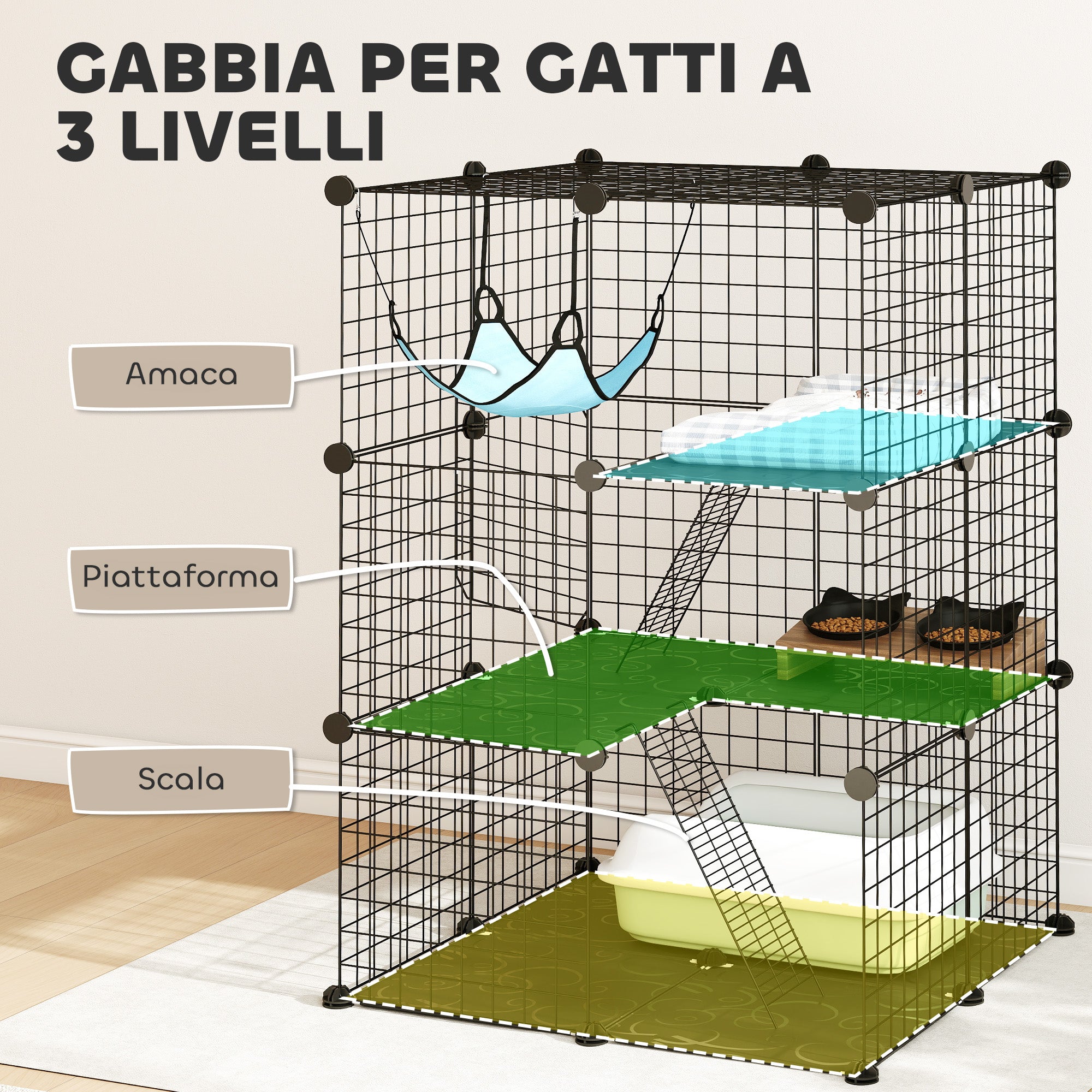 PawHut Cat Cage, Customizable 3-Tier Enclosure, 105cm, Black