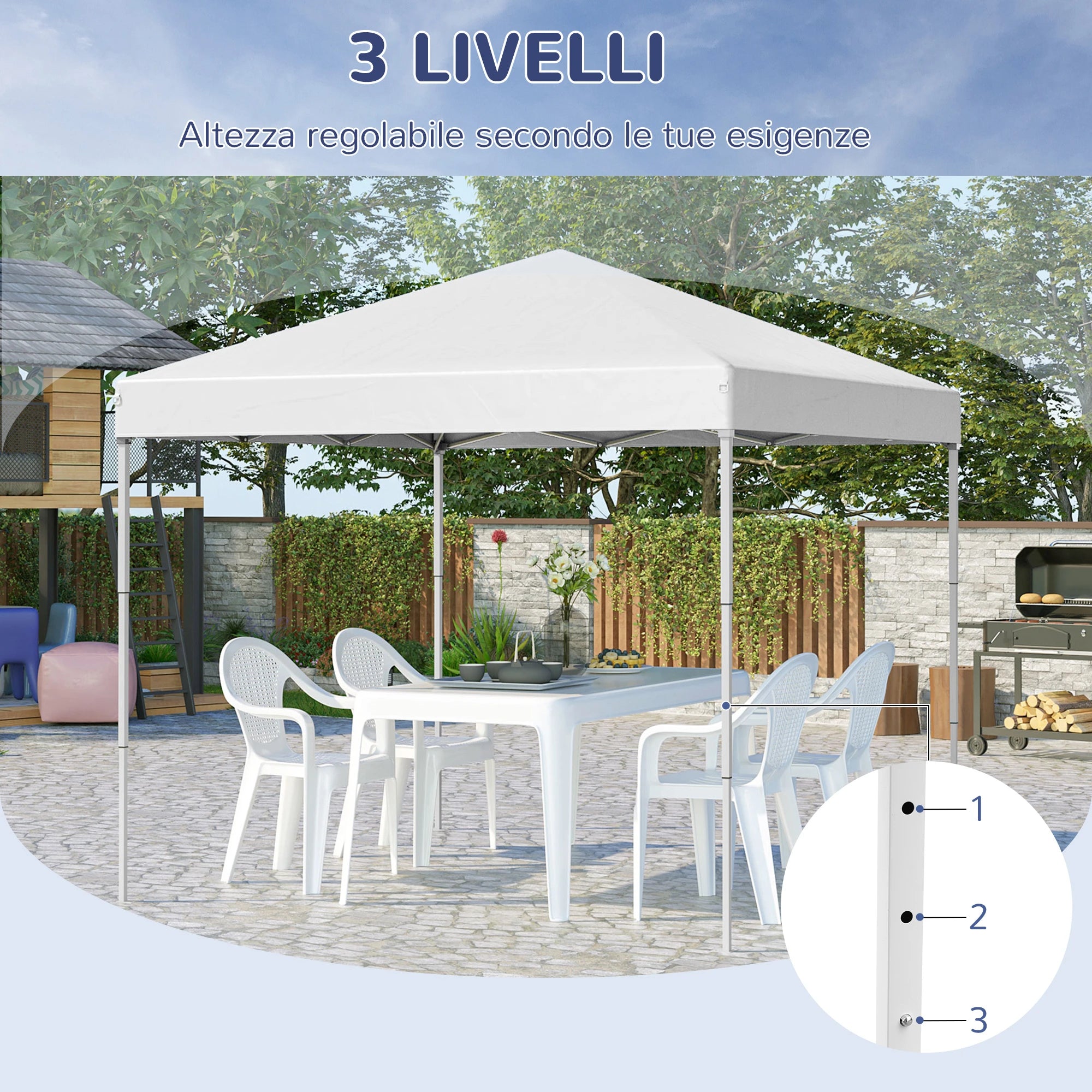 2.5 x 2.5 m Waterproof Folding Gazebo with Ropes and Pegs, Steel and Oxford Fabric, White - Borge' Group Limited