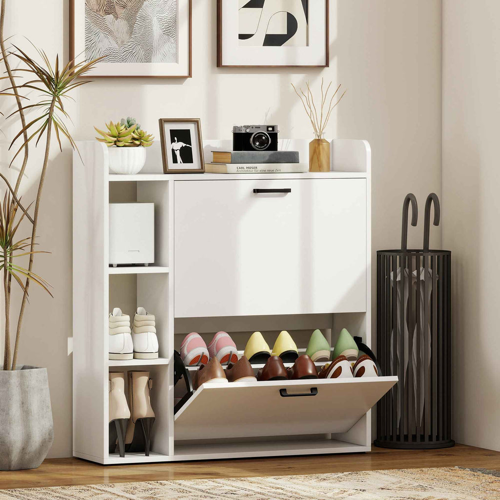 HOMCOM Slim Shoe Rack with 2 Tilting Drawers and 3 Open Compartments, Capacity 15 Shoes, 83x24x90.5 cm, White