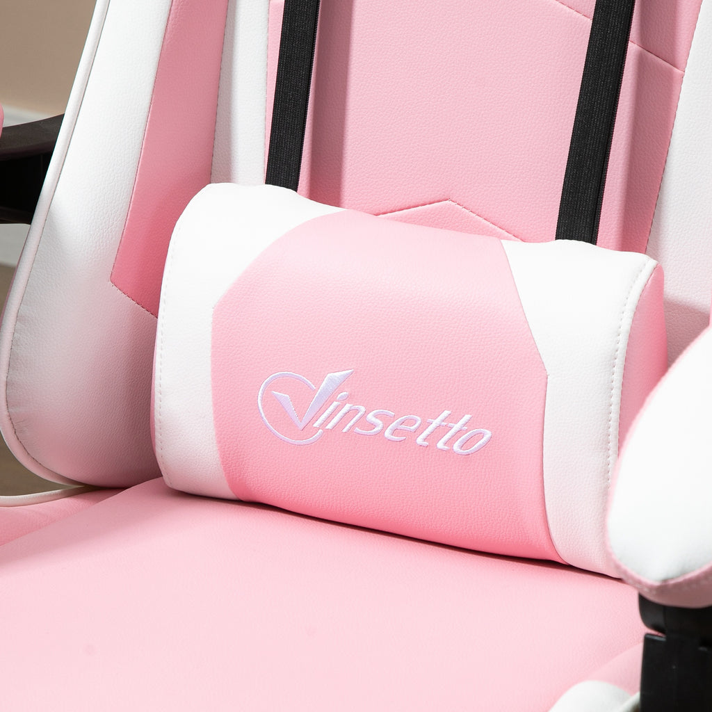 Vinsetto Ergonomic Reclining Gaming Chair with Headrest, Lumbar Cushion, Adjustable Height, Pink and White