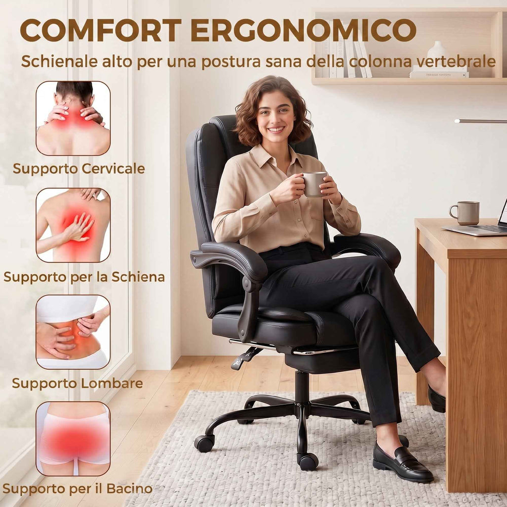 HOMCOM Ergonomic Office Chair with 150° Reclining Footrest, Cotton and Metal, 65x67x112-122 cm, Black