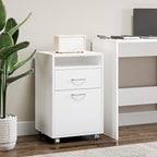 4-Wheel Office File Cabinet with Open Shelf and 2 Drawers, Wood and Metal Office Storage Unit, 40x35x60 cm, White
