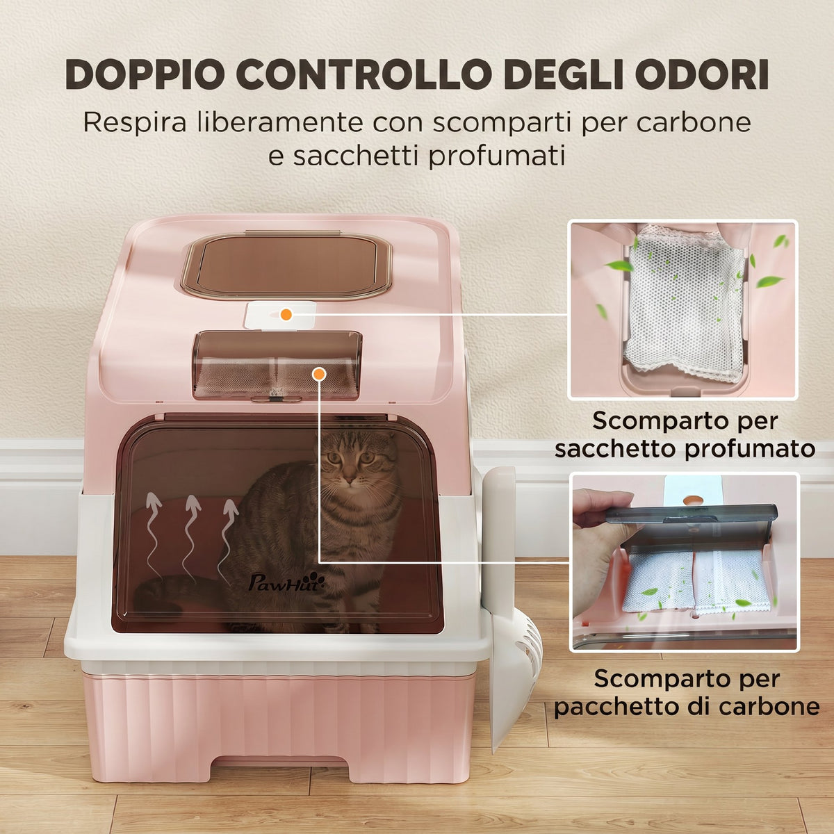 PawHut Enclosed Cat Litter Box with Removable Tray, Scoop and Deodorizer, 48x35x36 cm, Pink