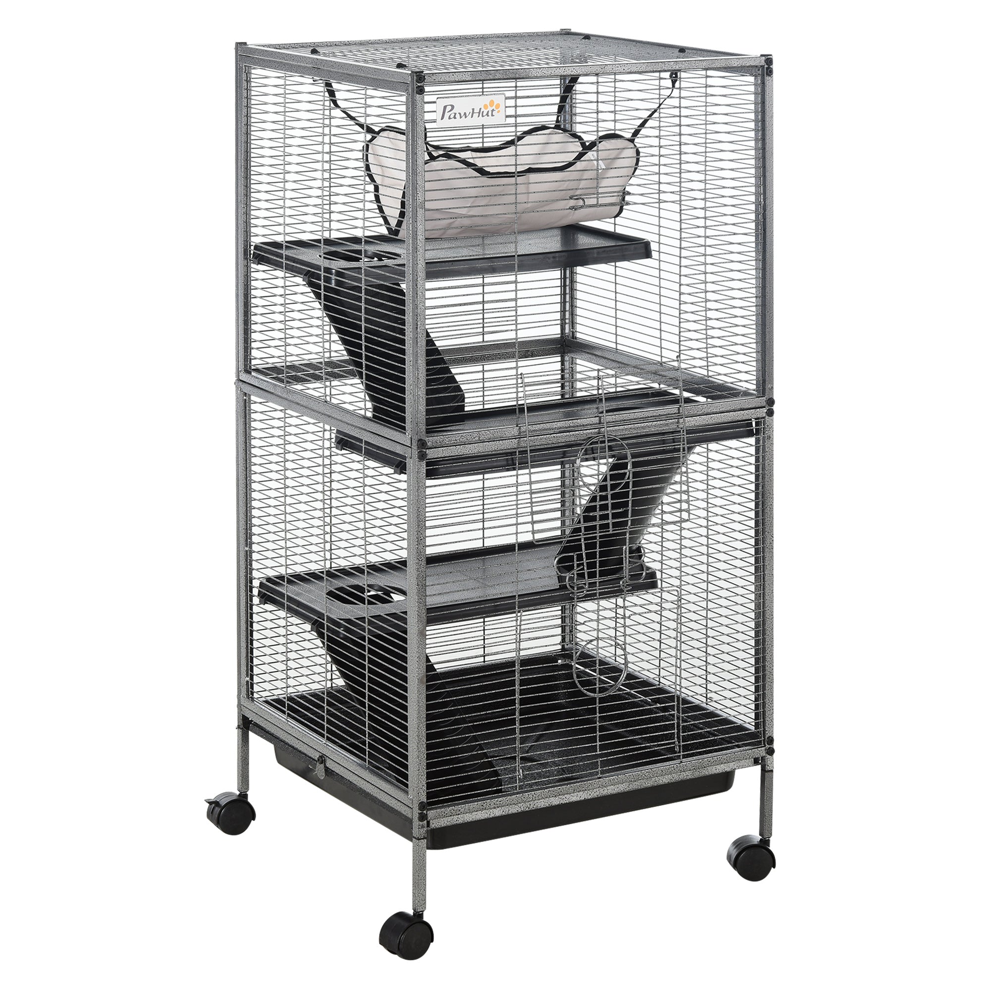 Small Pet Cage, Steel Guinea Pig and Chinchilla Cage with 3 Levels, 4 Wheels, Hammock and Removable Tray, 52 x 52 x 113.5cm, Silver Grey