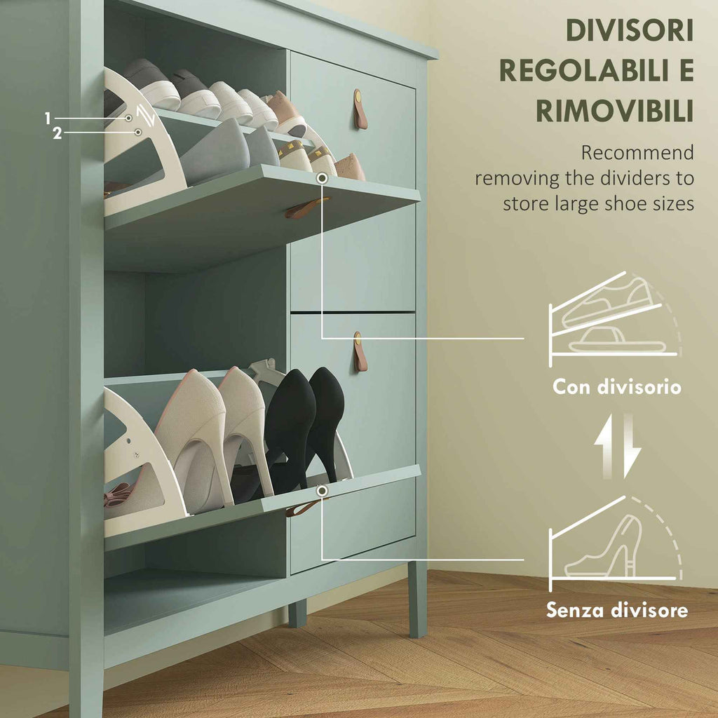 HOMCOM Slim Shoe Rack with 4 Drawers for 20 Pairs of Shoes, Size EU 44, Adjustable Shelves, 105 x 24 x 95.5 cm, Green