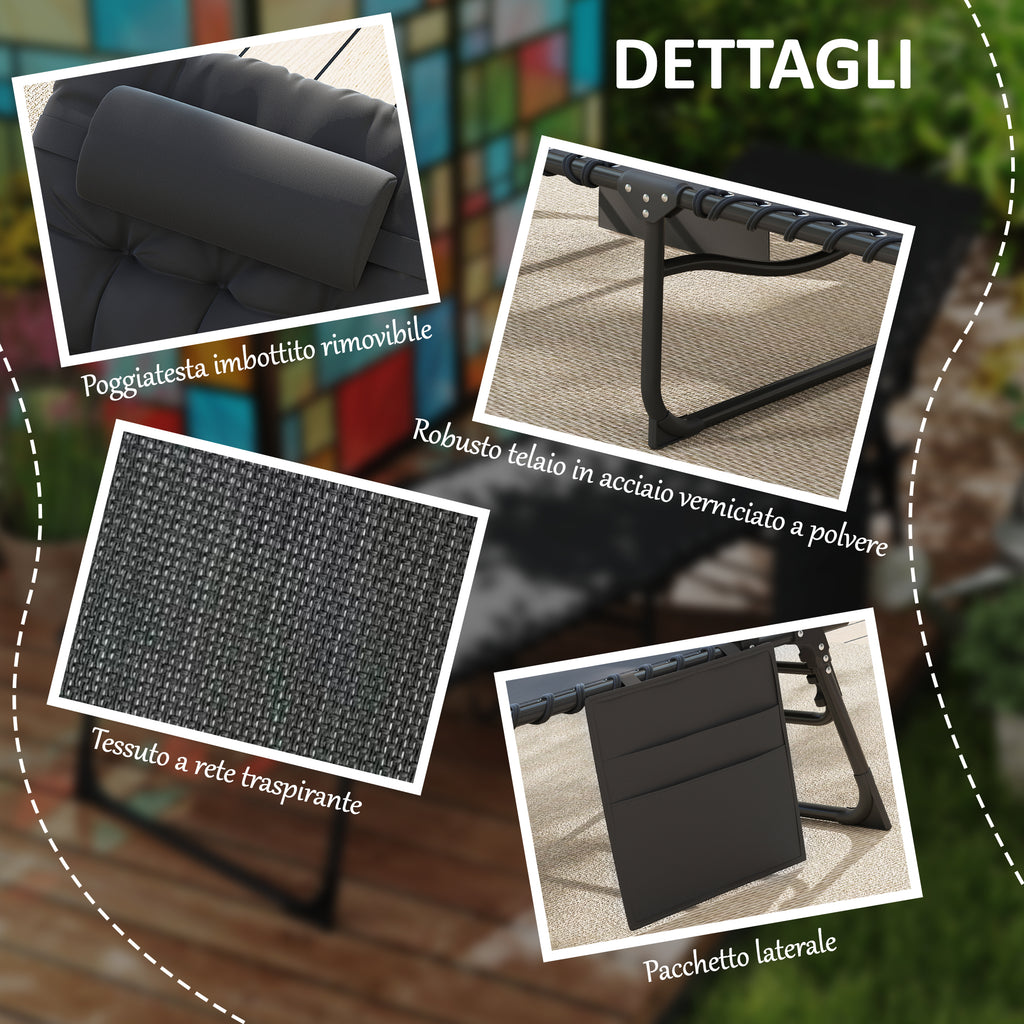 Outsunny Folding Sun Lounger with Cushion, Headrest and Side Pocket, 58x189x32.5 cm, Black