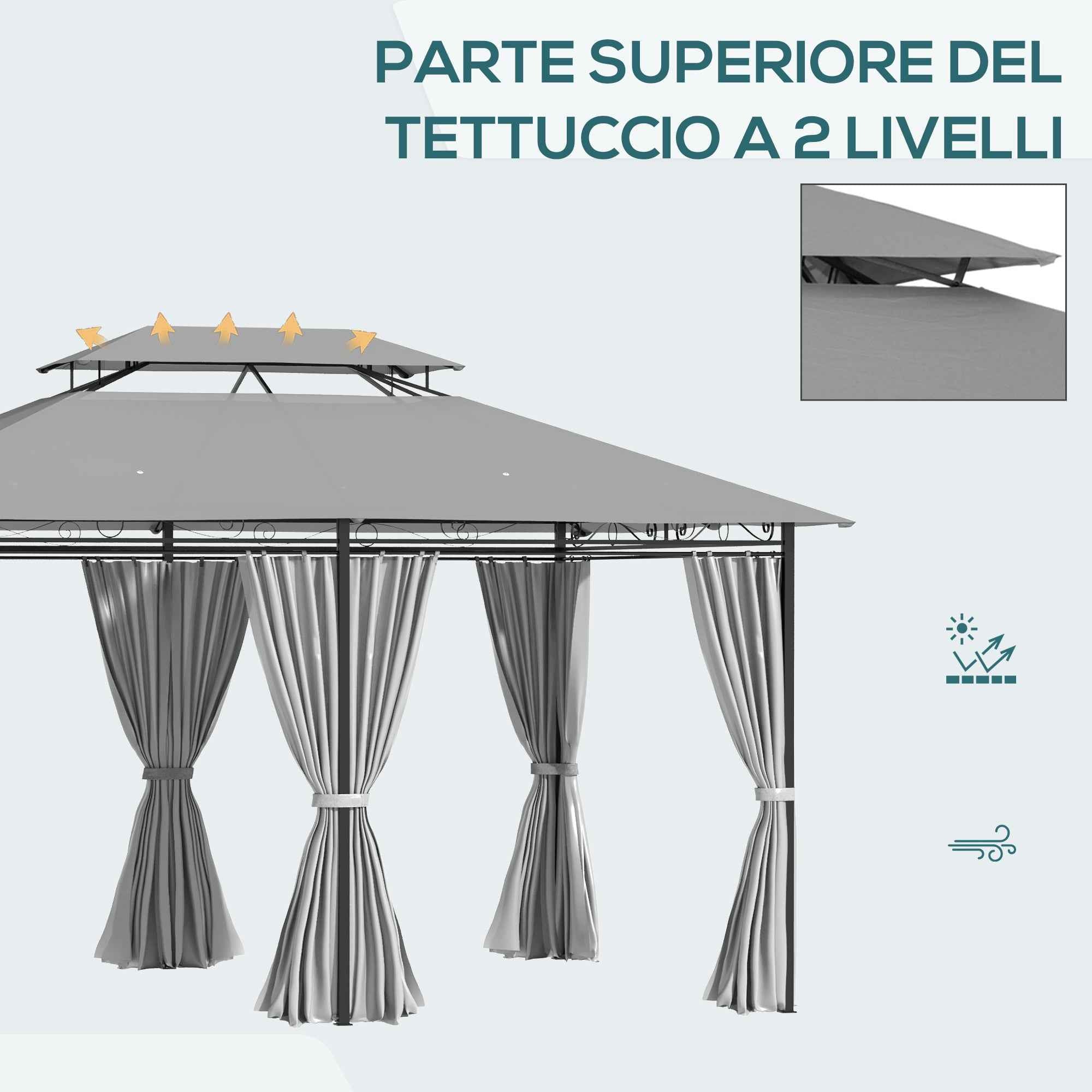 Outsunny Gazebo 4x3 m with 6 Curtains and 2-Tier Roof, in Steel and Polyester, Dark Grey