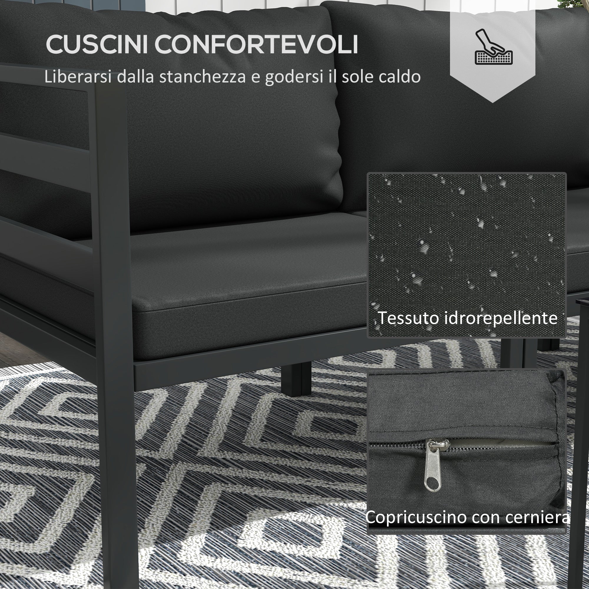 Outsunny garden set 7 pieces in steel and polyester with 5 chairs with cushions and 2 coffee tables, gray - Borgè