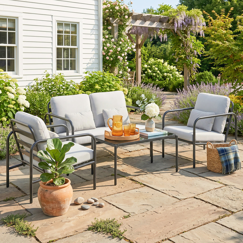 Outsunny 4-Piece Steel Garden Lounge Set with 2-Seater Sofa, 2 Armchairs and Coffee Table, Light Grey