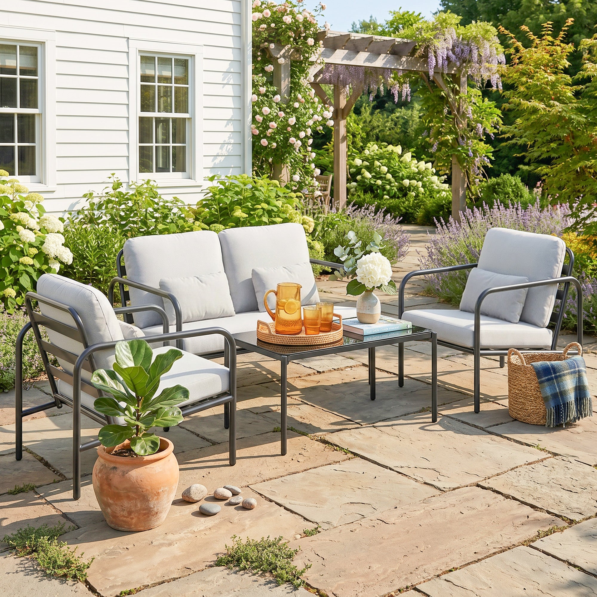 Outsunny 4-Piece Steel Garden Lounge Set with 2-Seater Sofa, 2 Armchairs and Coffee Table, Light Grey