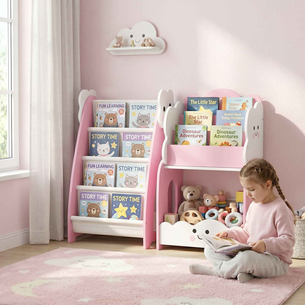 AIYAPLAY Children's Wooden Cabinet with Magazine Rack, 3-Tier Bookcase and Bedside Table, 85.5x32x72 cm, Pink and White