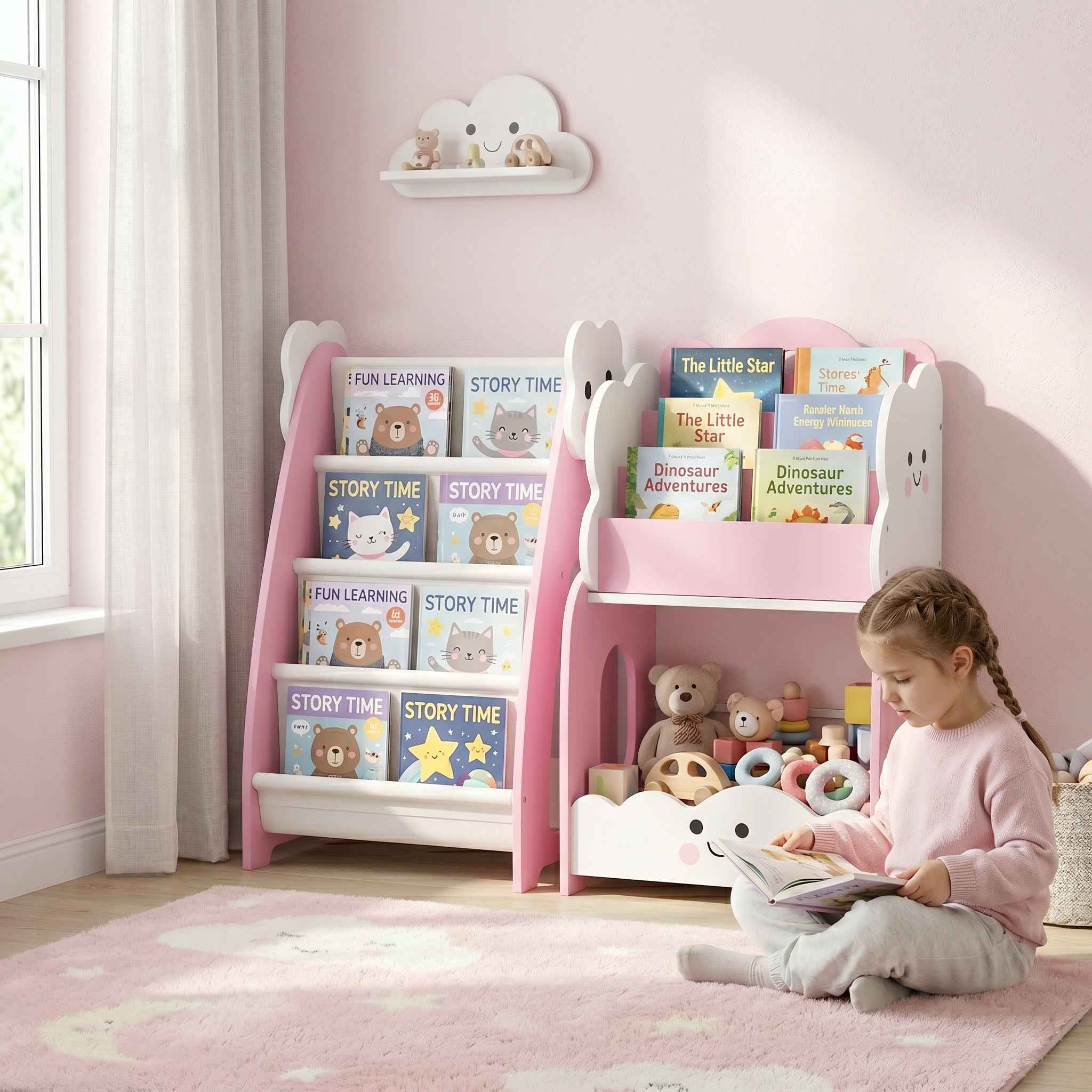 AIYAPLAY Children's Wooden Cabinet with Magazine Rack, 3-Tier Bookcase and Bedside Table, 85.5x32x72 cm, Pink and White
