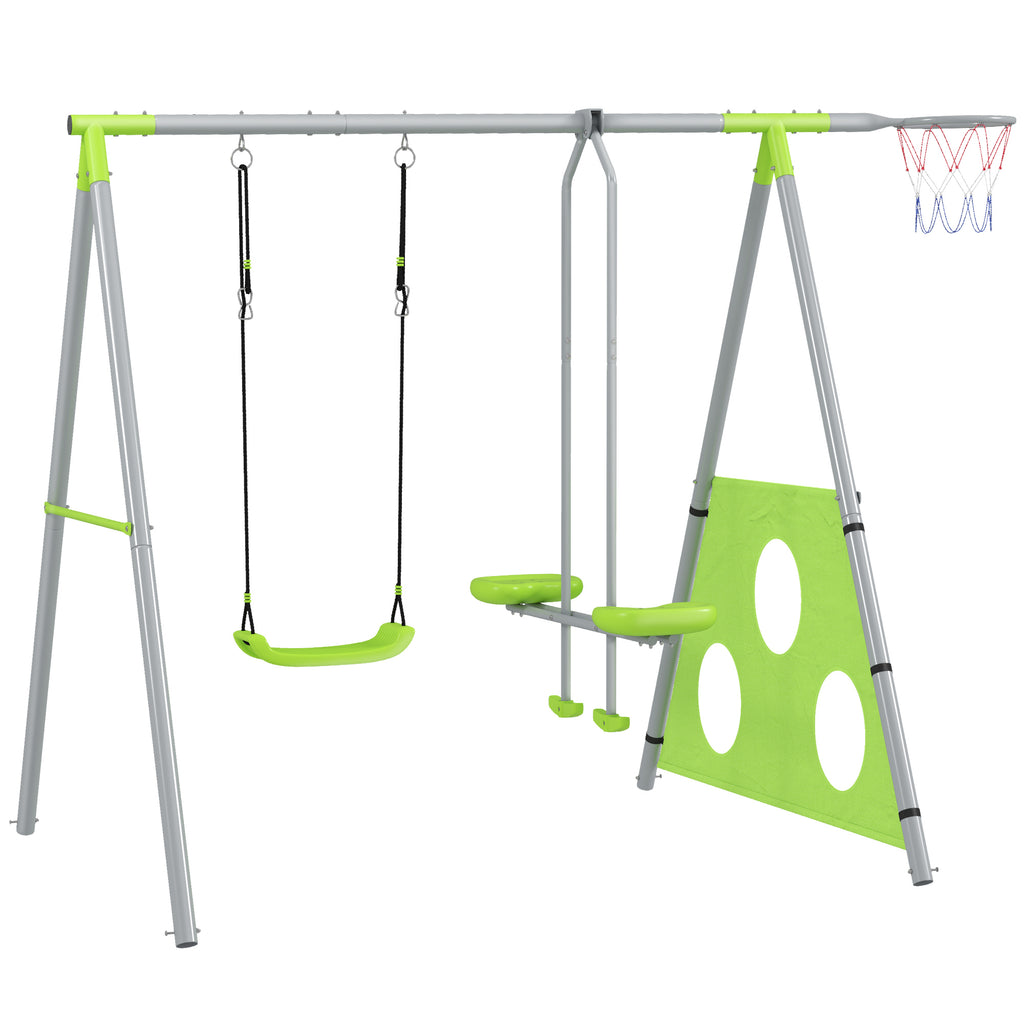 4 in 1 Children's Play Set with 2 Garden Swings, Basketball Hoop and Football Goal, 215x180x182 cm, Green and Grey