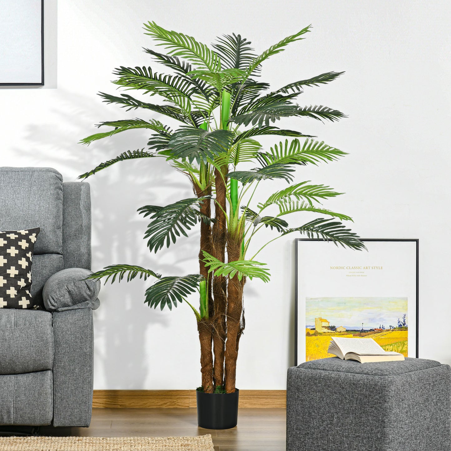 Green Artificial Palm 160 cm in Pot with 36 Leaves, in PE and Cement for Indoor and Outdoor